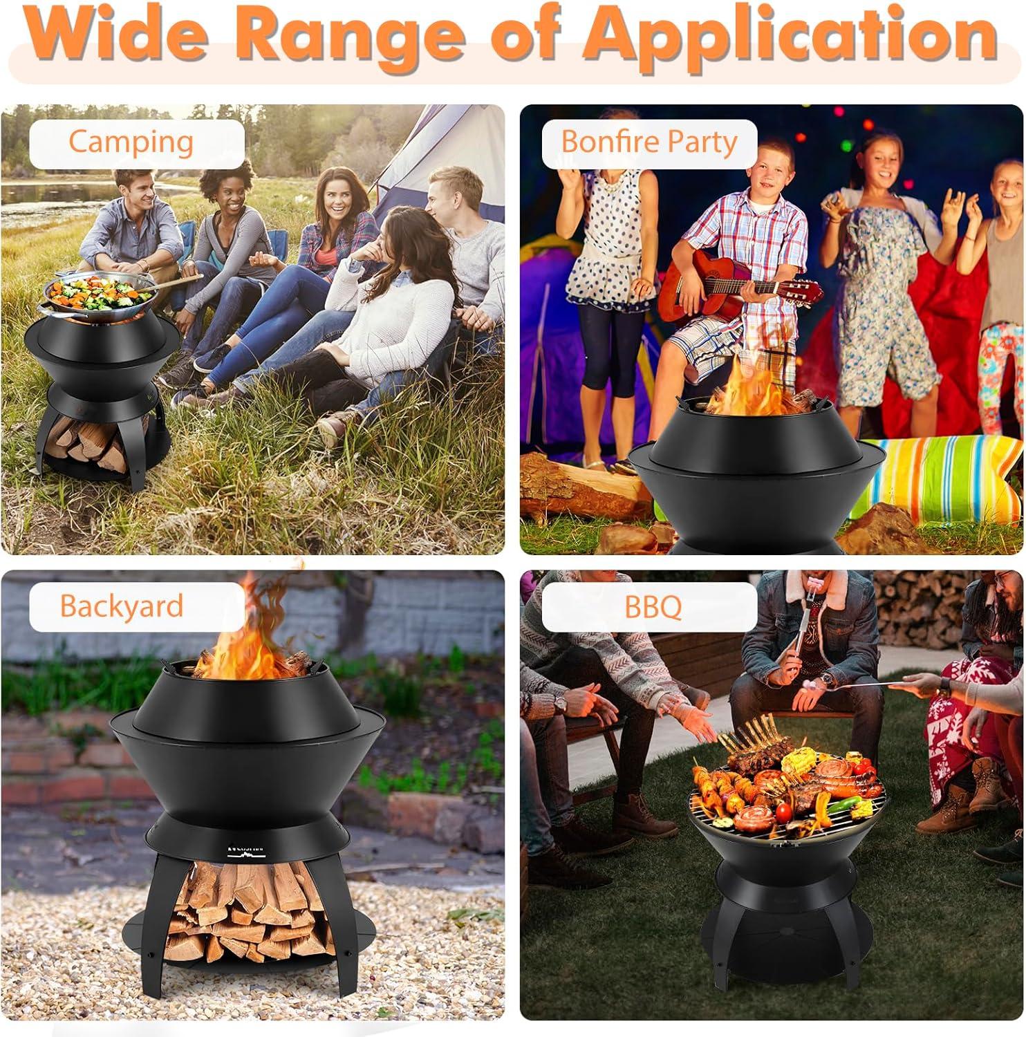 image:imageGiantex 3in1 Outdoor Fire Pit 20 Wood Burning Fire Pits with Removable Wok Ring Ash Pan amp Storage Shelf OxygenEnriched Burning HeavyDuty Portable Fire Bowl for Camping Backyard Patio BBQ