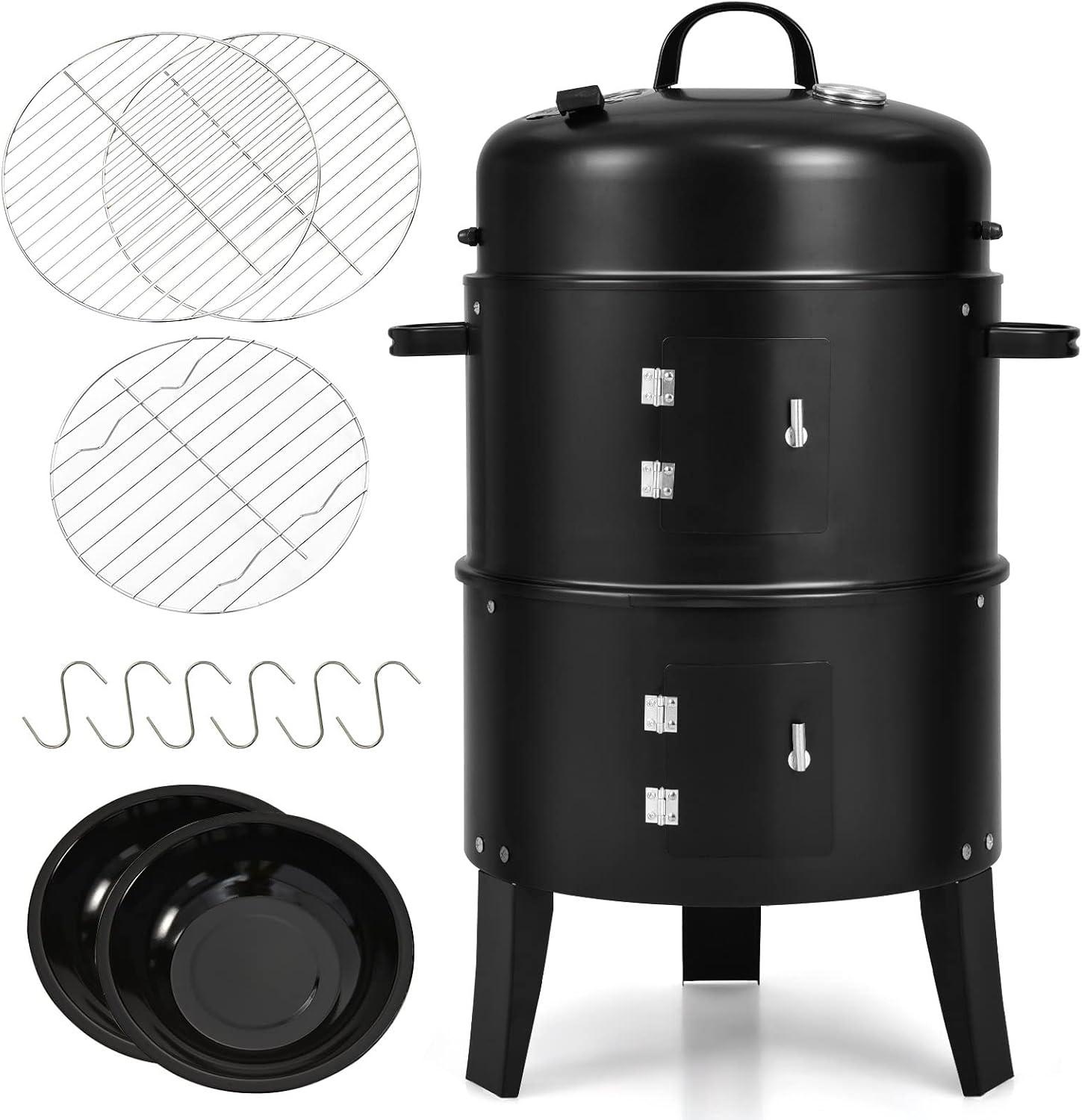 image:imageGiantex 3in1 Outdoor Smoker Grill Portable Charcoal BBQ Grill Builtin Thermometer and Air Vent 6 Hooks 2 Layers Vertical Steel Charcoal Smoker for Outdoor Cooking Camping
