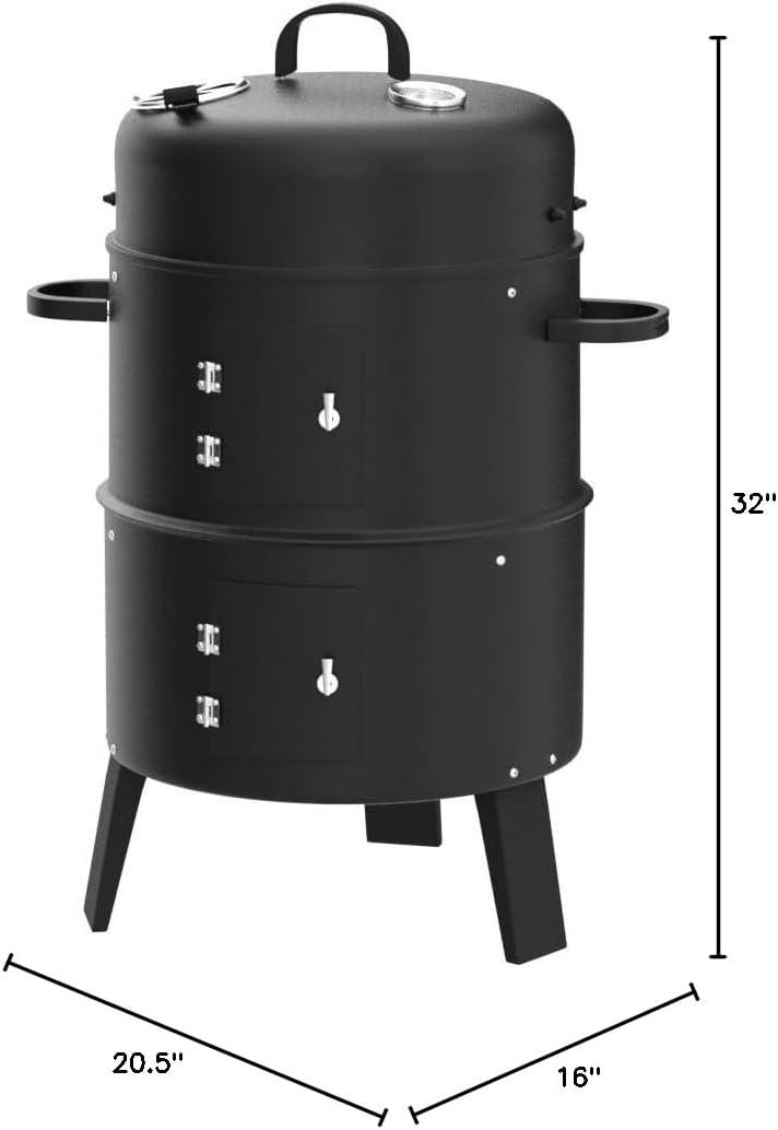 image:imageGiantex 3in1 Outdoor Smoker Grill Portable Charcoal BBQ Grill Builtin Thermometer and Air Vent 6 Hooks 2 Layers Vertical Steel Charcoal Smoker for Outdoor Cooking Camping