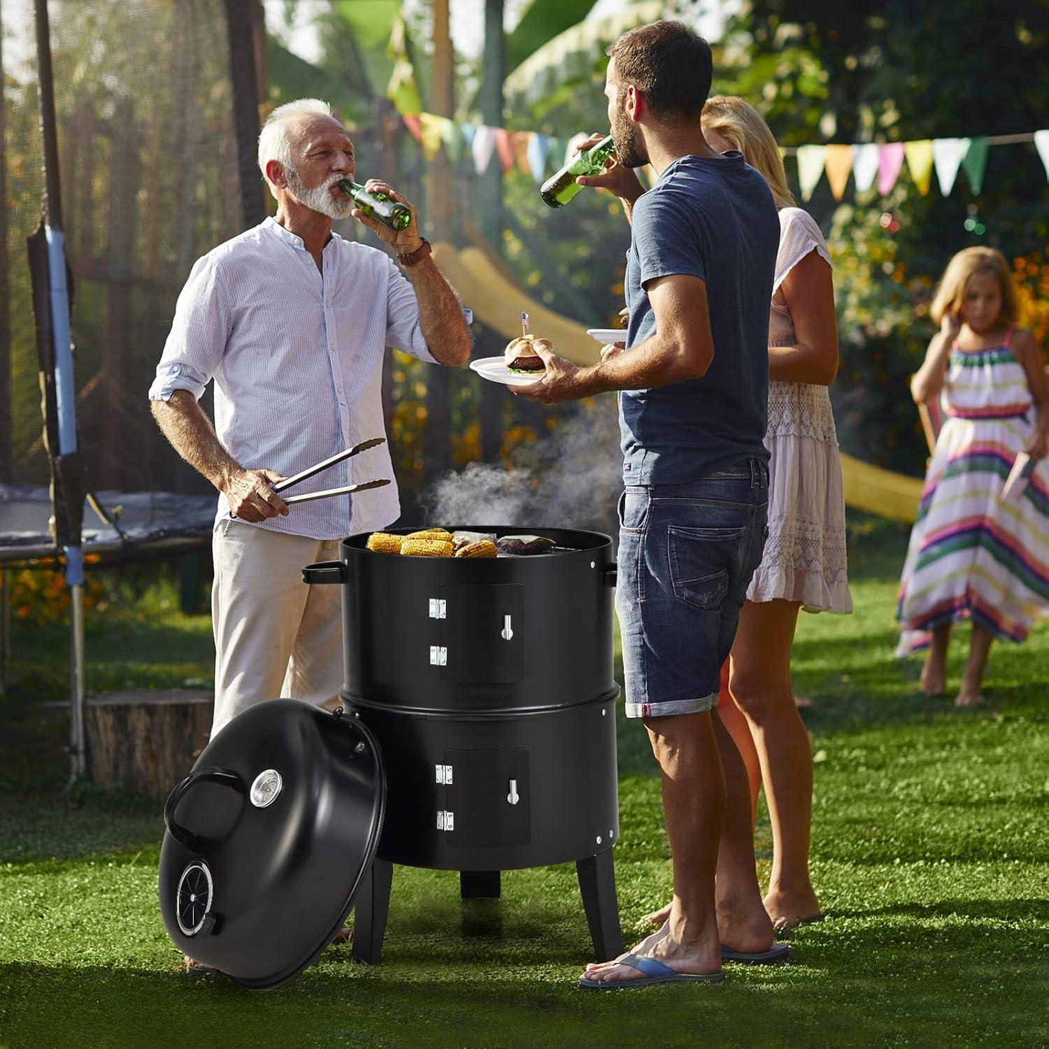 image:imageGiantex 3in1 Outdoor Smoker Grill Portable Charcoal BBQ Grill Builtin Thermometer and Air Vent 6 Hooks 2 Layers Vertical Steel Charcoal Smoker for Outdoor Cooking Camping
