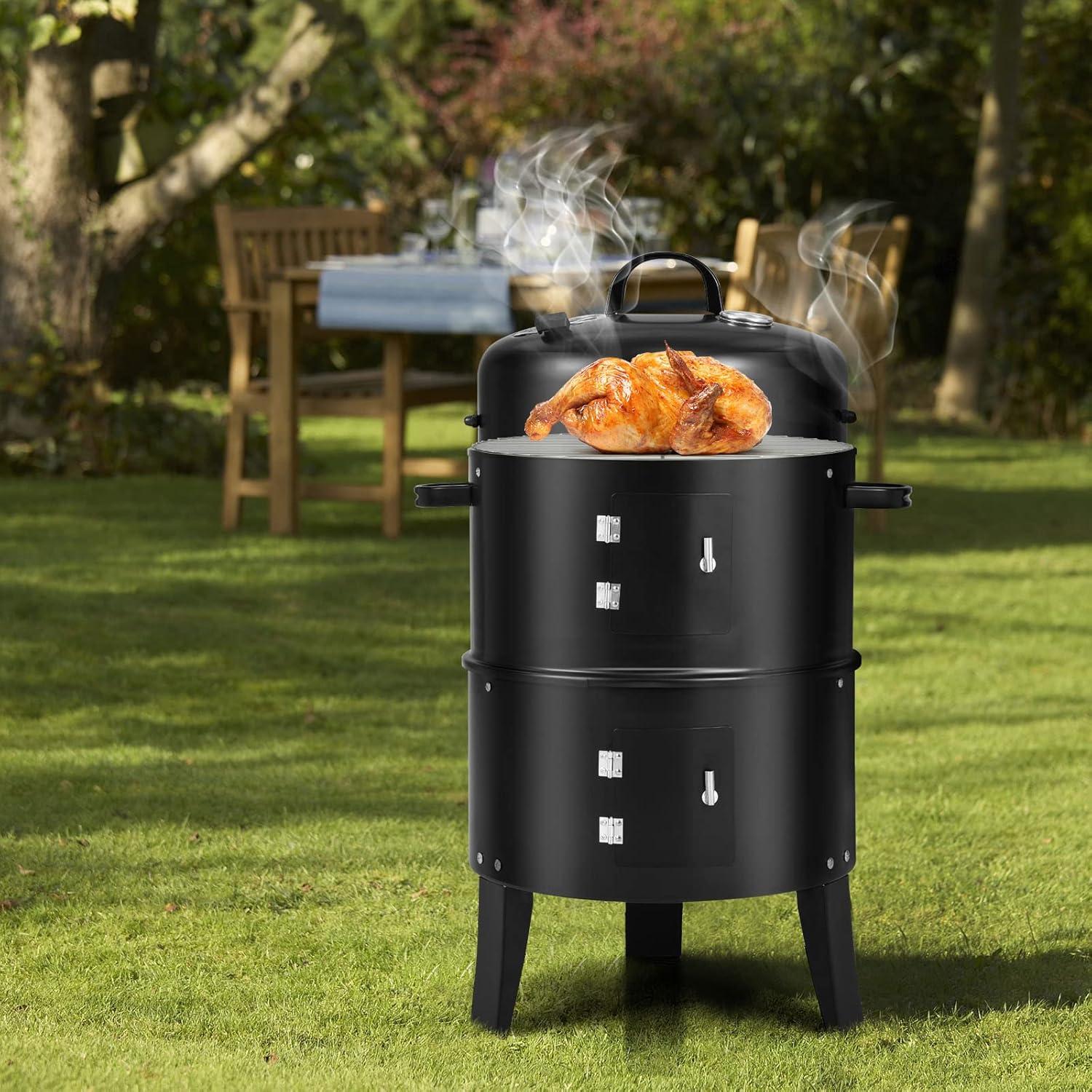 image:imageGiantex 3in1 Outdoor Smoker Grill Portable Charcoal BBQ Grill Builtin Thermometer and Air Vent 6 Hooks 2 Layers Vertical Steel Charcoal Smoker for Outdoor Cooking Camping