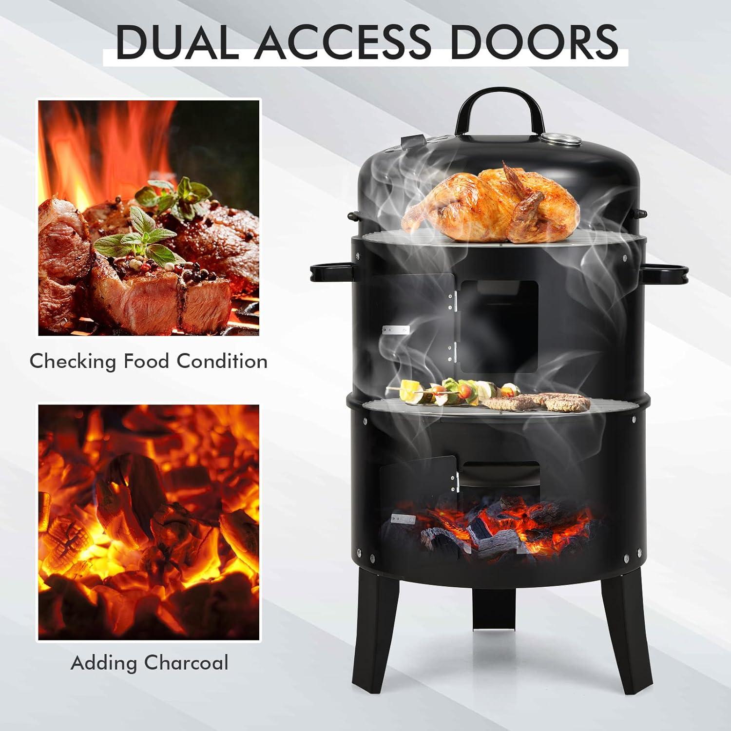 image:imageGiantex 3in1 Outdoor Smoker Grill Portable Charcoal BBQ Grill Builtin Thermometer and Air Vent 6 Hooks 2 Layers Vertical Steel Charcoal Smoker for Outdoor Cooking Camping