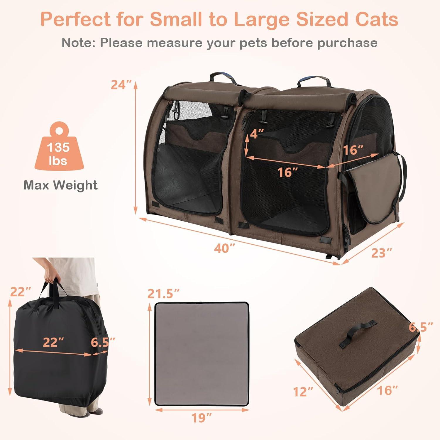 image:imageGiantex 40 Inch Cat Carrier with Double Compartments Travel Litter Box 2 Removable Hammocks and Mats Portable Cat House Pet Kennel Dog Crate with Carry Bag for Car Trip Camping BrownBrown