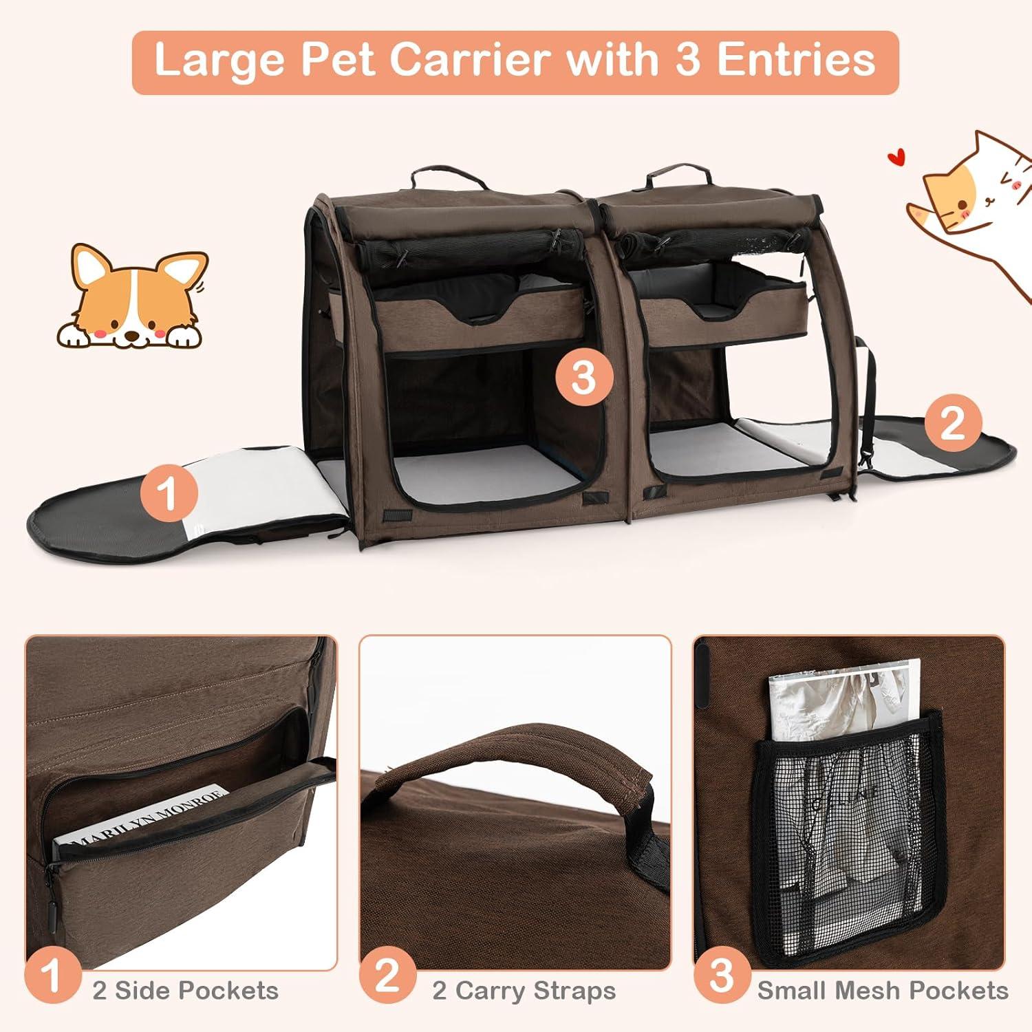 image:imageGiantex 40 Inch Cat Carrier with Double Compartments Travel Litter Box 2 Removable Hammocks and Mats Portable Cat House Pet Kennel Dog Crate with Carry Bag for Car Trip Camping BrownBrown