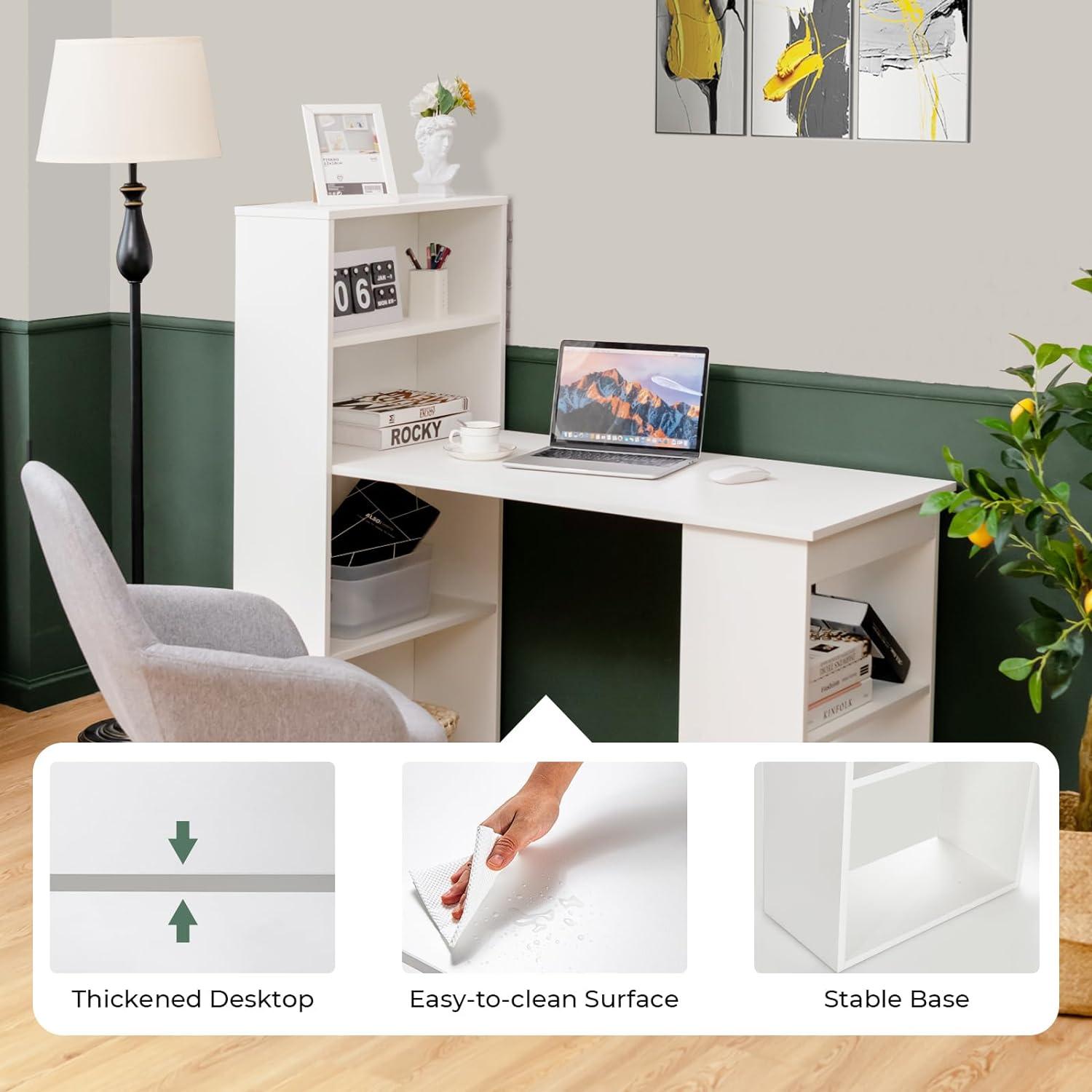 image:imageGiantex 48 Inch Computer Desk with Bookshelf 3in1 Home Office Desk with 4Tier Bookcase amp CPU Stand SpaceSaving Reversible Writing Desk Work Table for Bedroom Study Room Office NaturalWhite