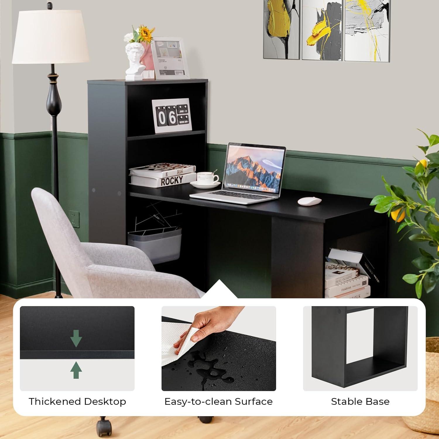 image:imageGiantex 48 Inch Computer Desk with Bookshelf 3in1 Home Office Desk with 4Tier Bookcase amp CPU Stand SpaceSaving Reversible Writing Desk Work Table for Bedroom Study Room Office NaturalBlack
