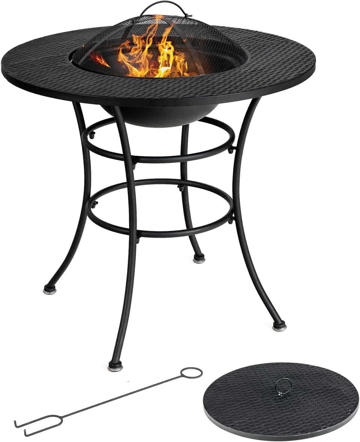 image:imageGiantex 4In1 Fire Pit Dining Table 32 Fire Bowl for Outside Wood Burning Fireplaces with Cover Fire Poker Grill Grate Patio Dining Table for Camping Picnic Yard Metal Round Outdoor Fire Pit