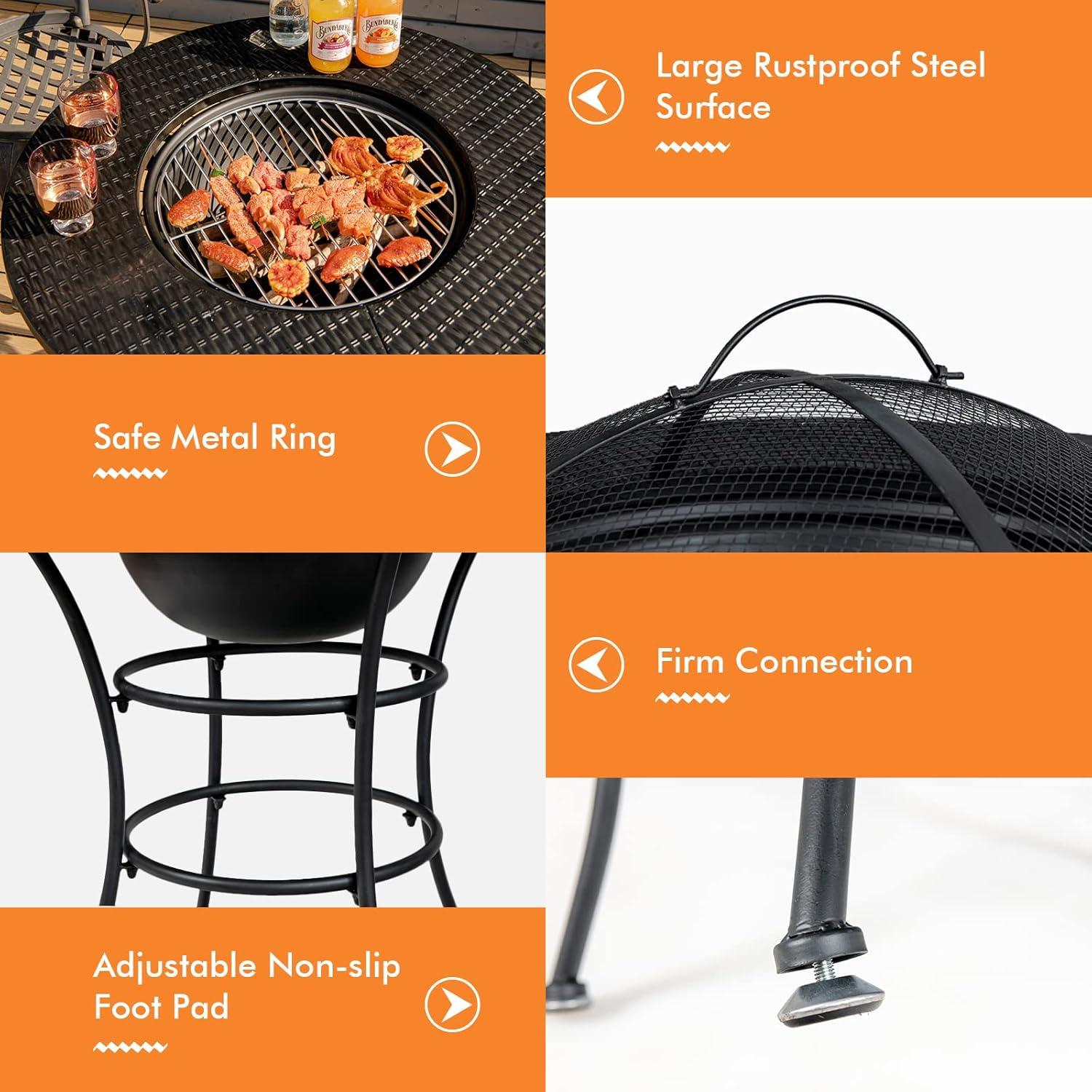 image:imageGiantex 4In1 Fire Pit Dining Table 32 Fire Bowl for Outside Wood Burning Fireplaces with Cover Fire Poker Grill Grate Patio Dining Table for Camping Picnic Yard Metal Round Outdoor Fire Pit