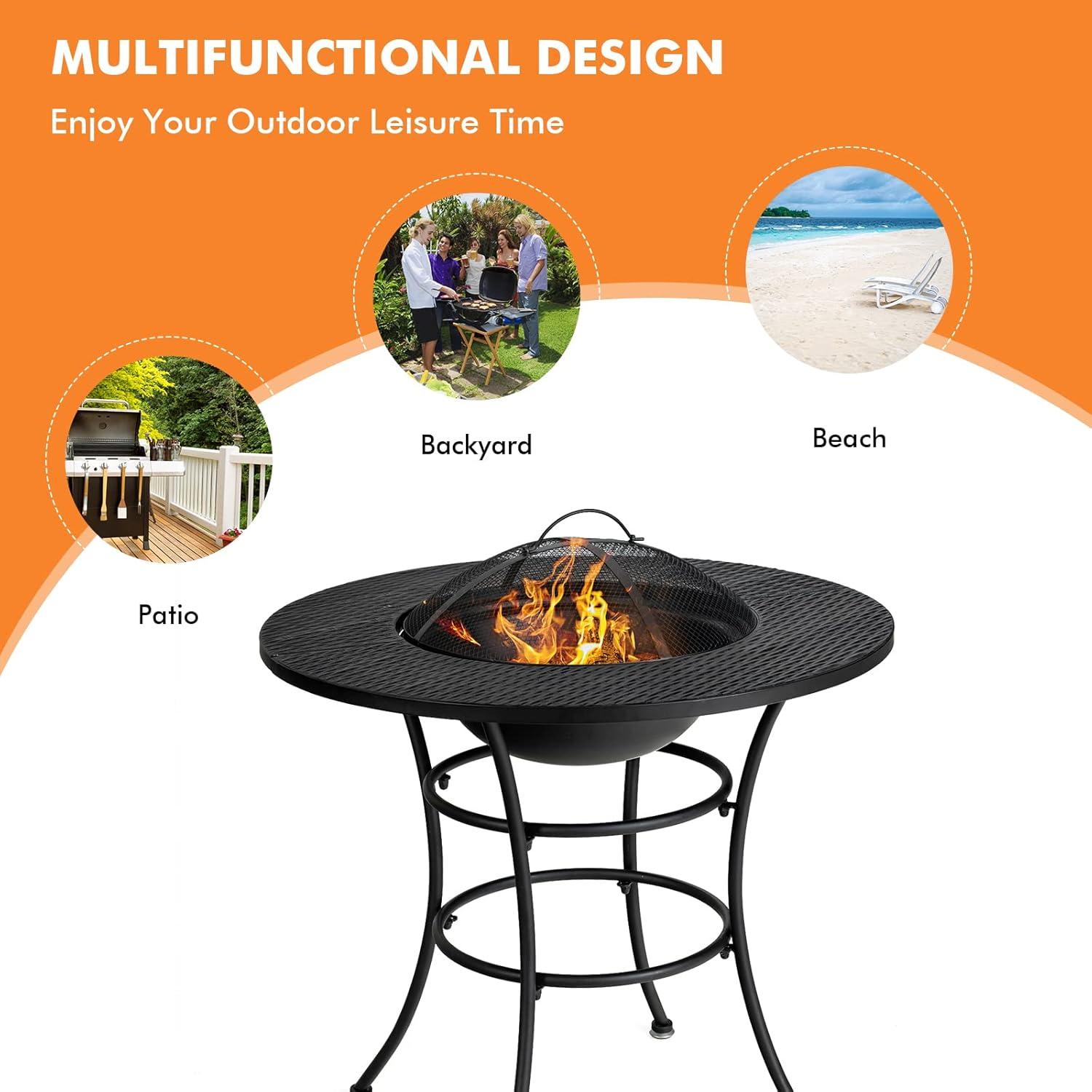 image:imageGiantex 4In1 Fire Pit Dining Table 32 Fire Bowl for Outside Wood Burning Fireplaces with Cover Fire Poker Grill Grate Patio Dining Table for Camping Picnic Yard Metal Round Outdoor Fire Pit