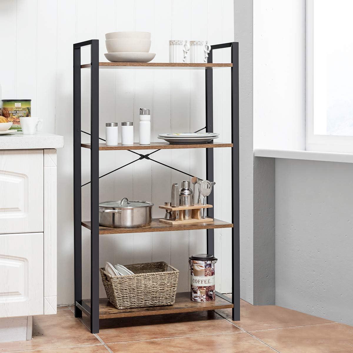 image:imageGiantex 4Tier Industrial Bookshelf Vintage Bookcase with Metal Frame Standing Shelf Unit Storage Shelves Book Shelf for Living Room Bedroom Office BrownBrown