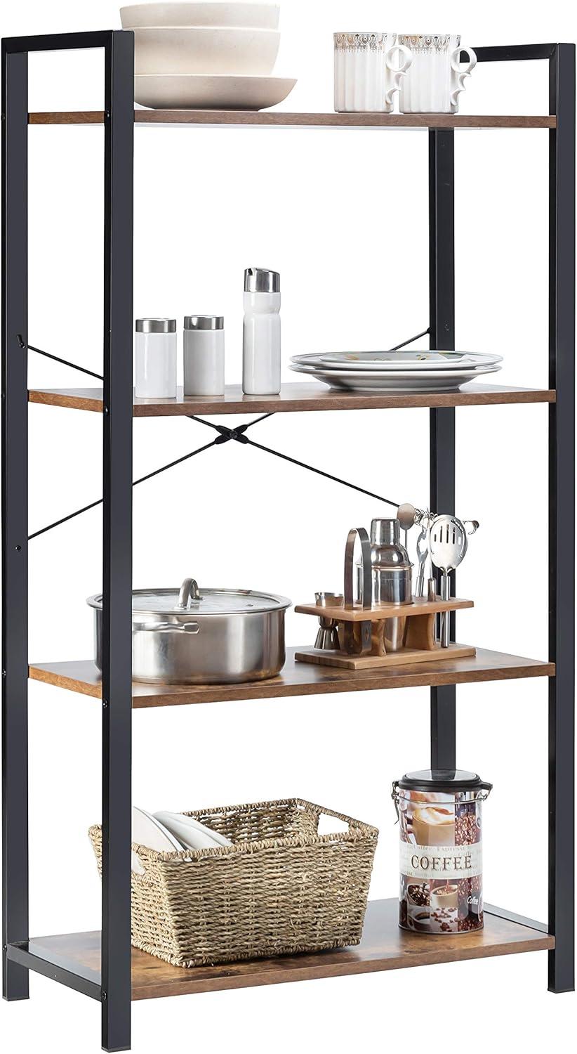 image:imageGiantex 4Tier Industrial Bookshelf Vintage Bookcase with Metal Frame Standing Shelf Unit Storage Shelves Book Shelf for Living Room Bedroom Office BrownBrown