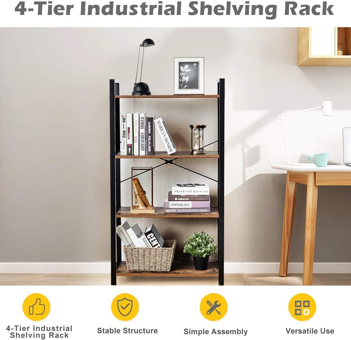 image:imageGiantex 4Tier Industrial Bookshelf Vintage Bookcase with Metal Frame Standing Shelf Unit Storage Shelves Book Shelf for Living Room Bedroom Office BrownBrown