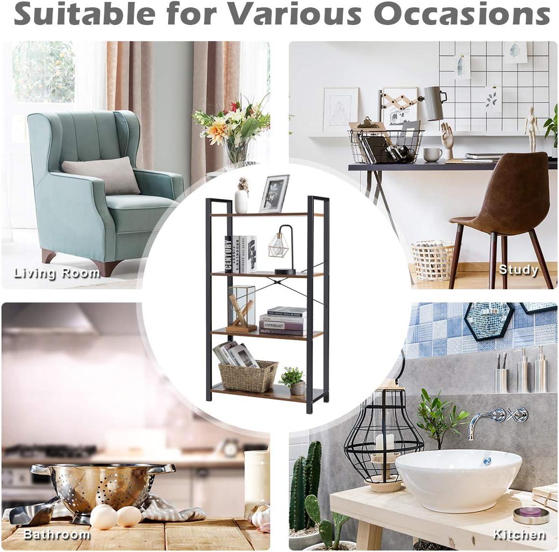image:imageGiantex 4Tier Industrial Bookshelf Vintage Bookcase with Metal Frame Standing Shelf Unit Storage Shelves Book Shelf for Living Room Bedroom Office BrownBrown
