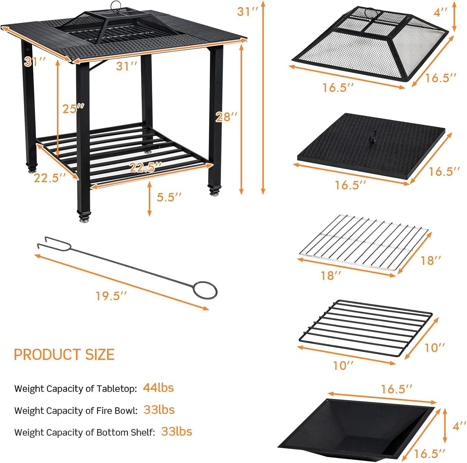 image:imageGiantex 4in1 Wood Burning Fire Pit Square Firepit Table with Mesh Cover Removable Lid Cooking Grate Log Grate and Fire Poker Outdoor Fire Table for Garden Poolside Balcony