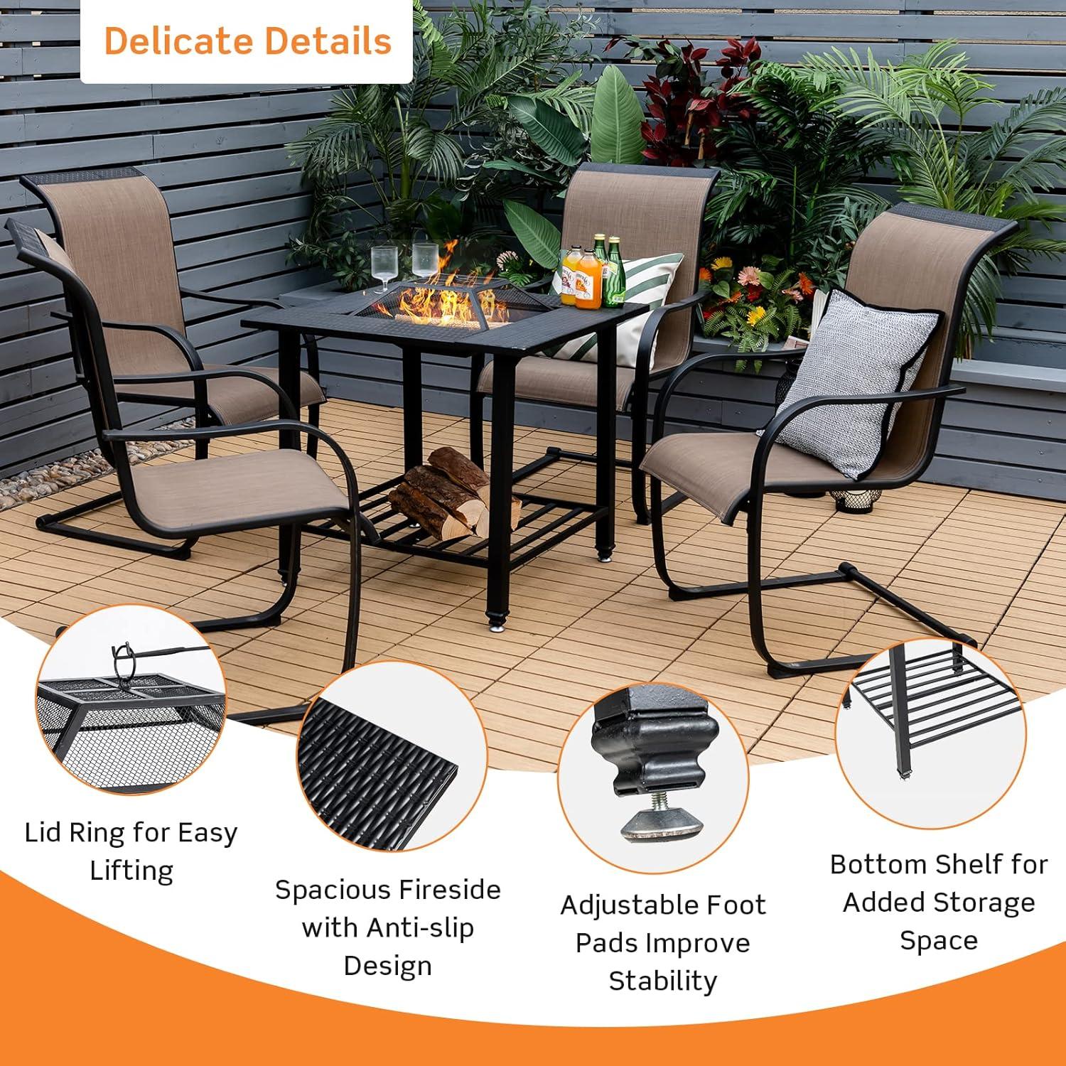 image:imageGiantex 4in1 Wood Burning Fire Pit Square Firepit Table with Mesh Cover Removable Lid Cooking Grate Log Grate and Fire Poker Outdoor Fire Table for Garden Poolside Balcony