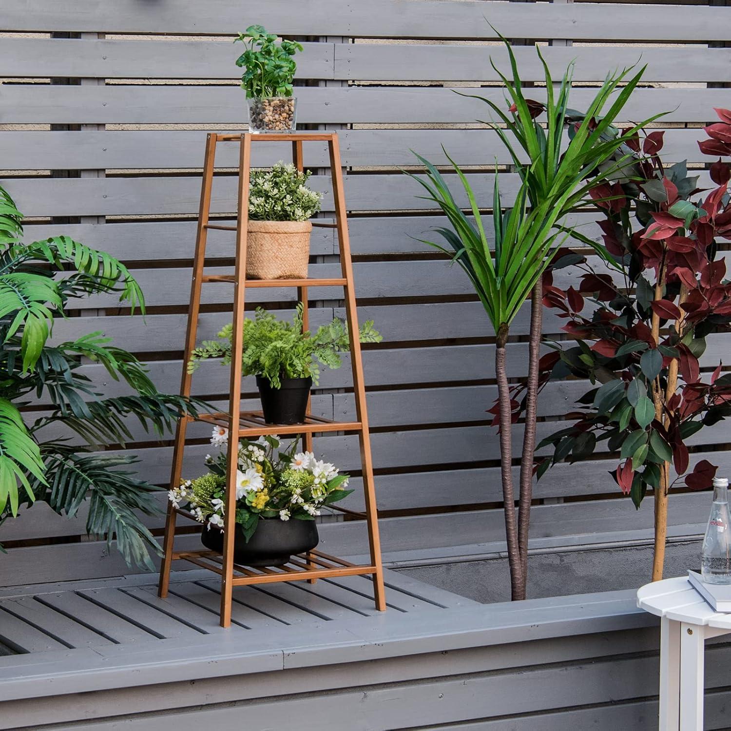 image:imageGiantex 4tier Bamboo Plant Stand 39 Ladder Shelf Corner Storage Shelving Flower Pot Rack Display Shelf Indoor Outdoor Flower Holder Planter for Living Room Patio Balcony Brown