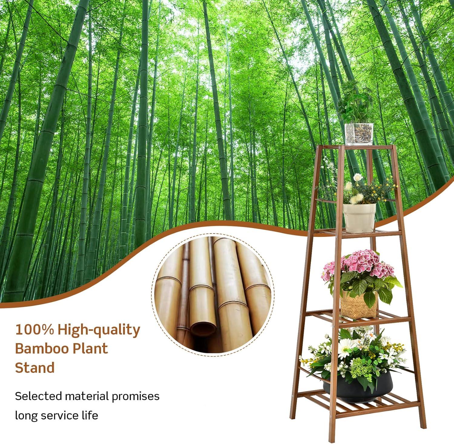 image:imageGiantex 4tier Bamboo Plant Stand 39 Ladder Shelf Corner Storage Shelving Flower Pot Rack Display Shelf Indoor Outdoor Flower Holder Planter for Living Room Patio Balcony Brown
