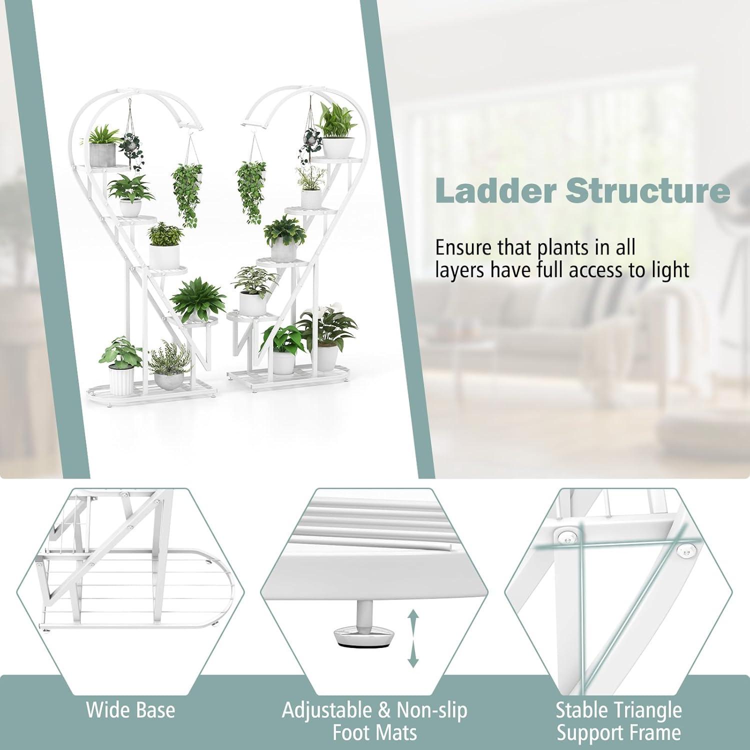 image:imageGiantex 5 Tier Metal Plant Stand Indoor Creative Heartshaped Ladder Plant Shelf with Hanging Hook for Multiple Plants Tiered Flower Display Shelf Tall Plant Stand for Valentines Day Home HolidayWhite