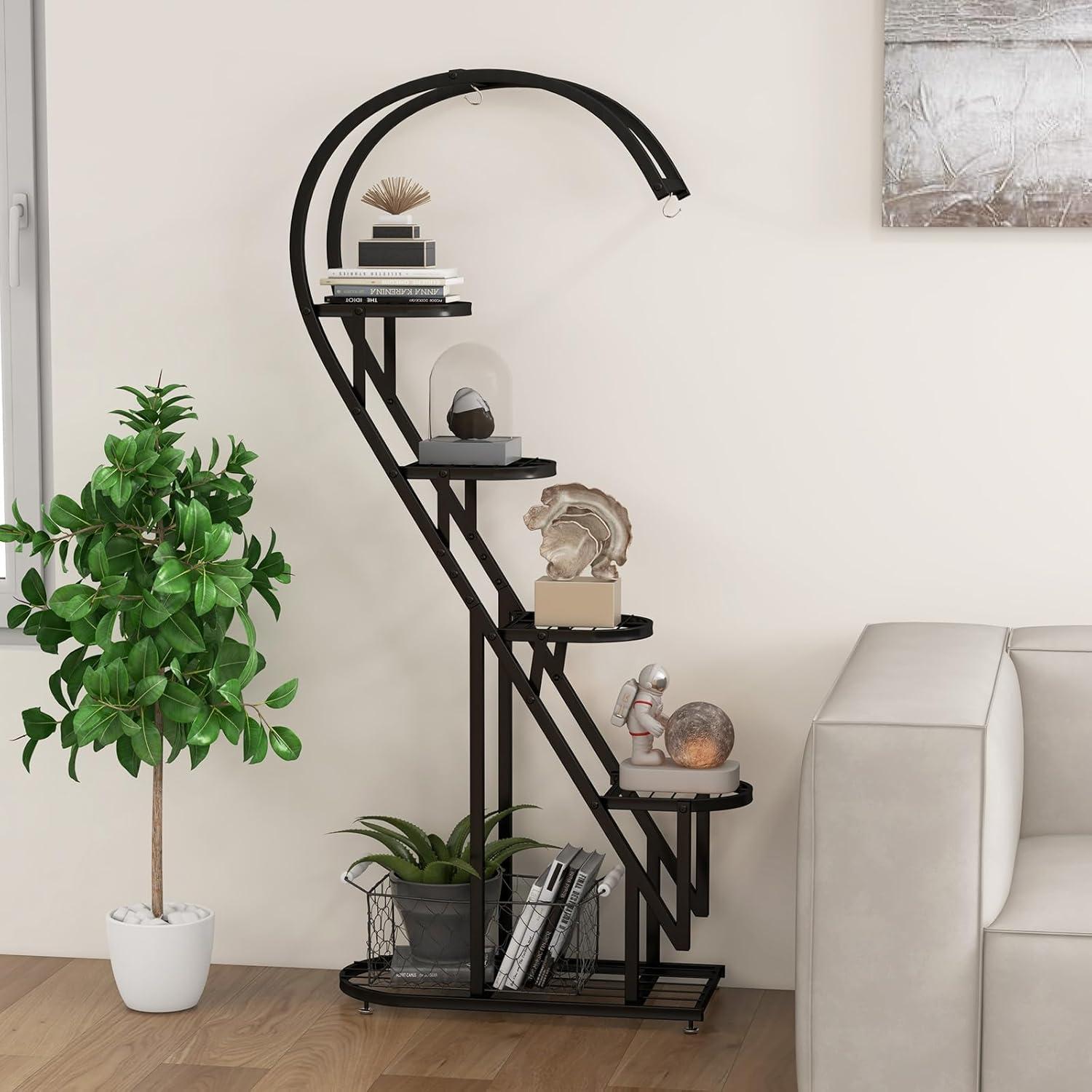 image:imageGiantex 5 Tier Metal Plant Stand Indoor Creative Heartshaped Ladder Plant Shelf with Hanging Hook for Multiple Plants Tiered Flower Display Shelf Tall Plant Stand for Valentines Day Home HolidayBlack
