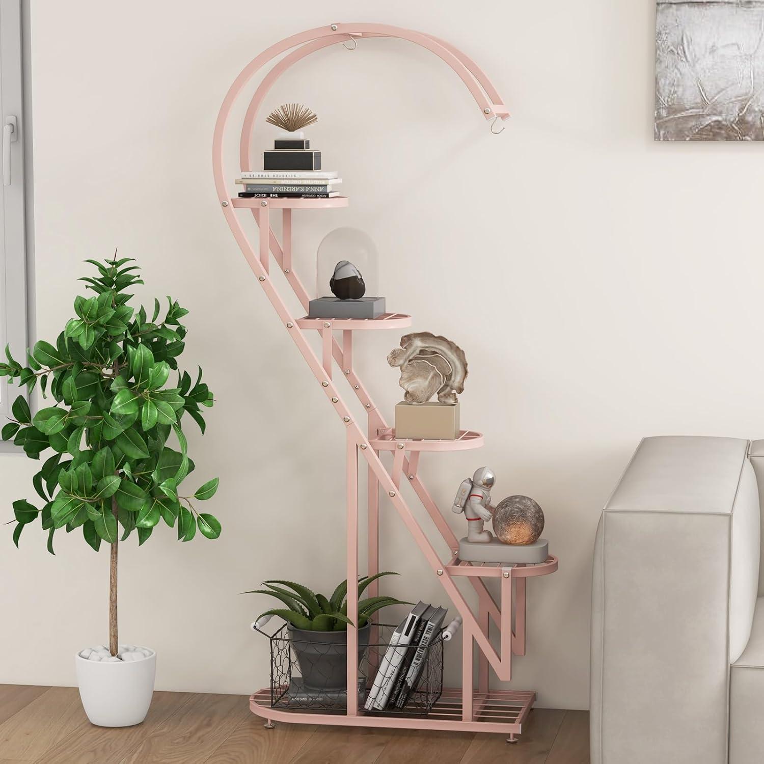image:imageGiantex 5 Tier Metal Plant Stand Indoor Creative Heartshaped Ladder Plant Shelf with Hanging Hook for Multiple Plants Tiered Flower Display Shelf Tall Plant Stand for Valentines Day Home HolidayPink Blue