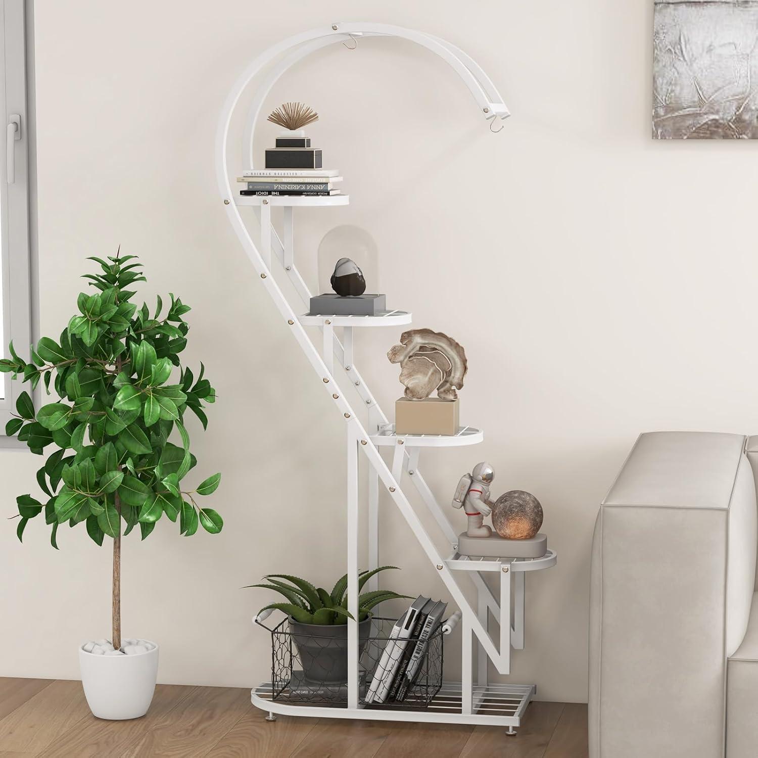 image:imageGiantex 5 Tier Metal Plant Stand Indoor Creative Heartshaped Ladder Plant Shelf with Hanging Hook for Multiple Plants Tiered Flower Display Shelf Tall Plant Stand for Valentines Day Home HolidayWhite