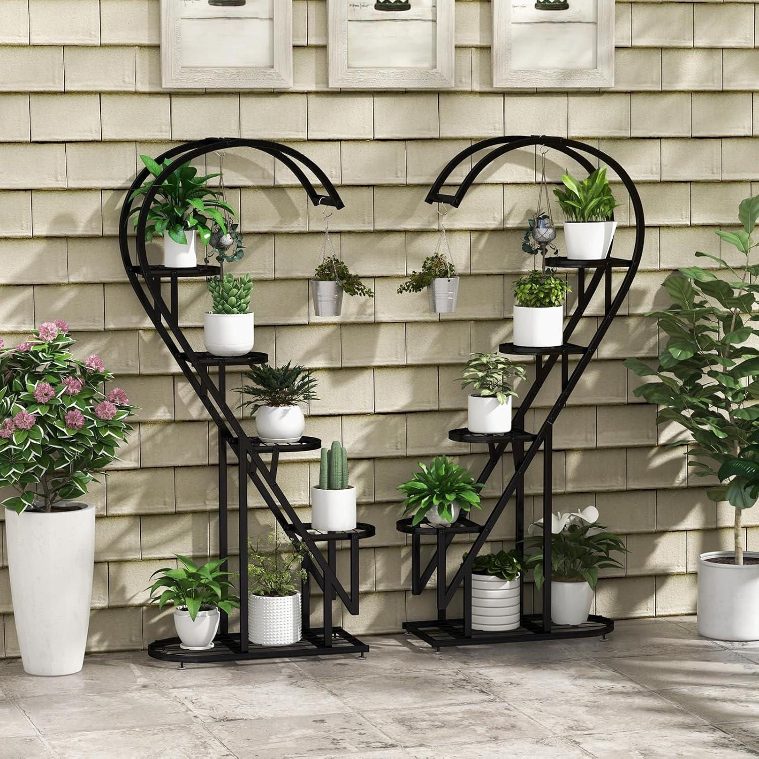 image:imageGiantex 5 Tier Metal Plant Stand Indoor Creative Heartshaped Ladder Plant Shelf with Hanging Hook for Multiple Plants Tiered Flower Display Shelf Tall Plant Stand for Valentines Day Home HolidayBlack