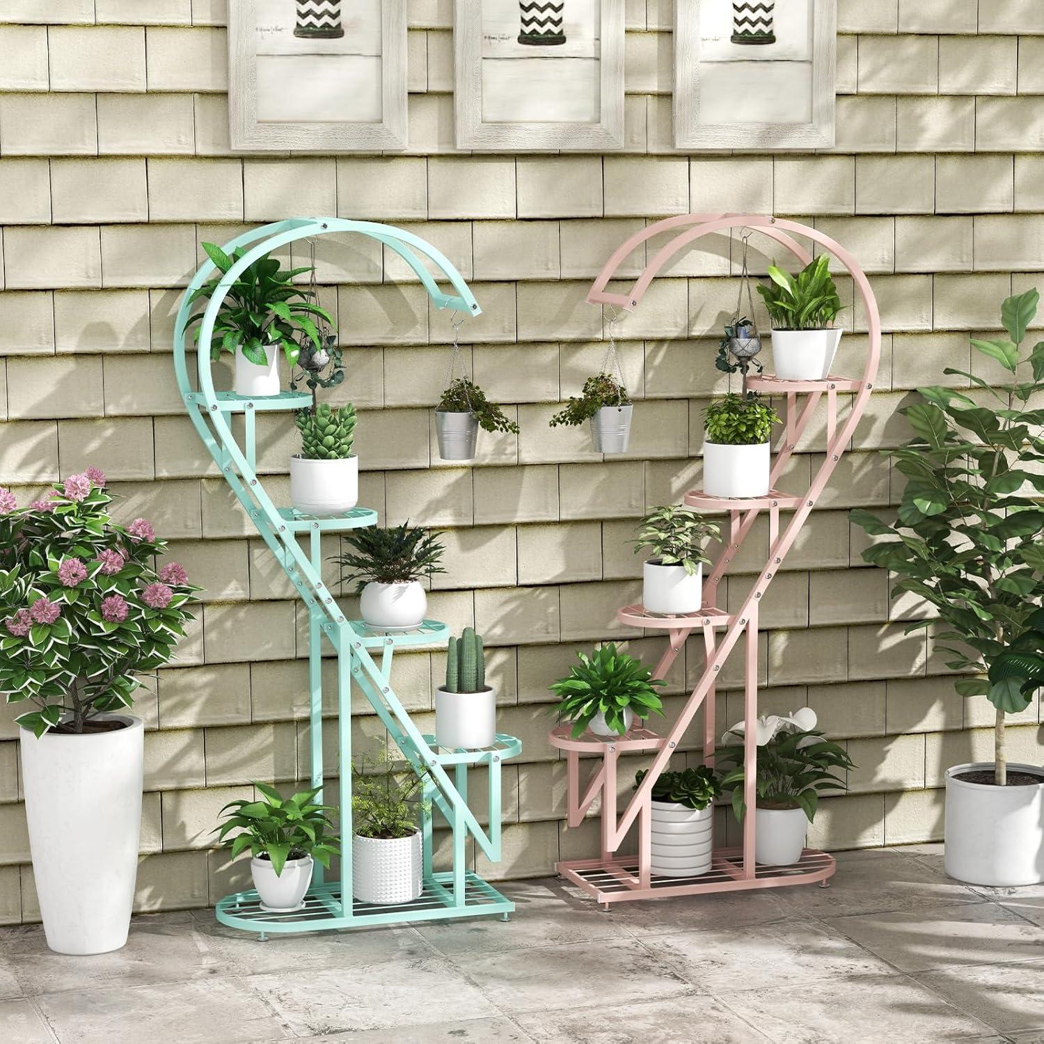 image:imageGiantex 5 Tier Metal Plant Stand Indoor Creative Heartshaped Ladder Plant Shelf with Hanging Hook for Multiple Plants Tiered Flower Display Shelf Tall Plant Stand for Valentines Day Home HolidayPink Blue