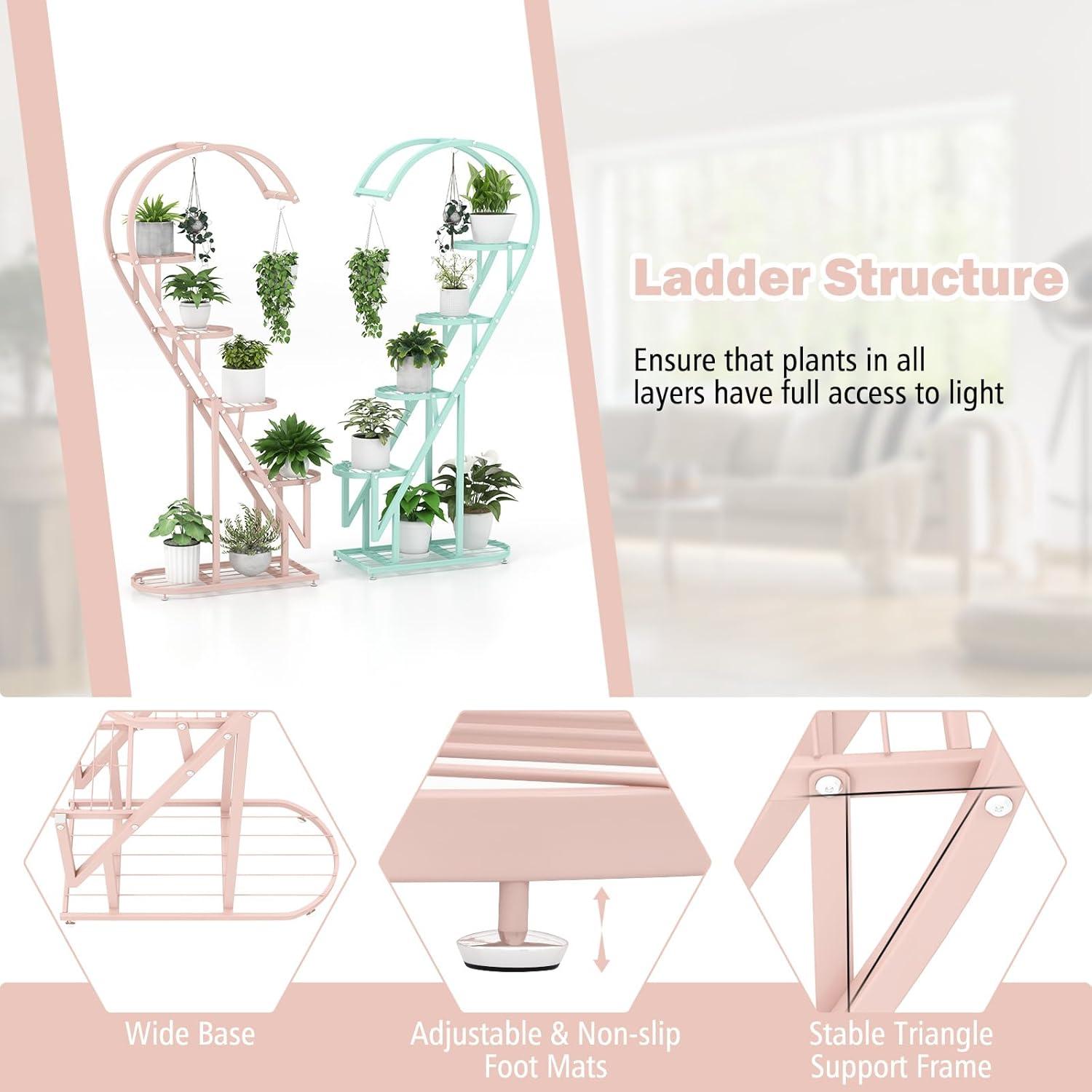 image:imageGiantex 5 Tier Metal Plant Stand Indoor Creative Heartshaped Ladder Plant Shelf with Hanging Hook for Multiple Plants Tiered Flower Display Shelf Tall Plant Stand for Valentines Day Home HolidayPink Blue