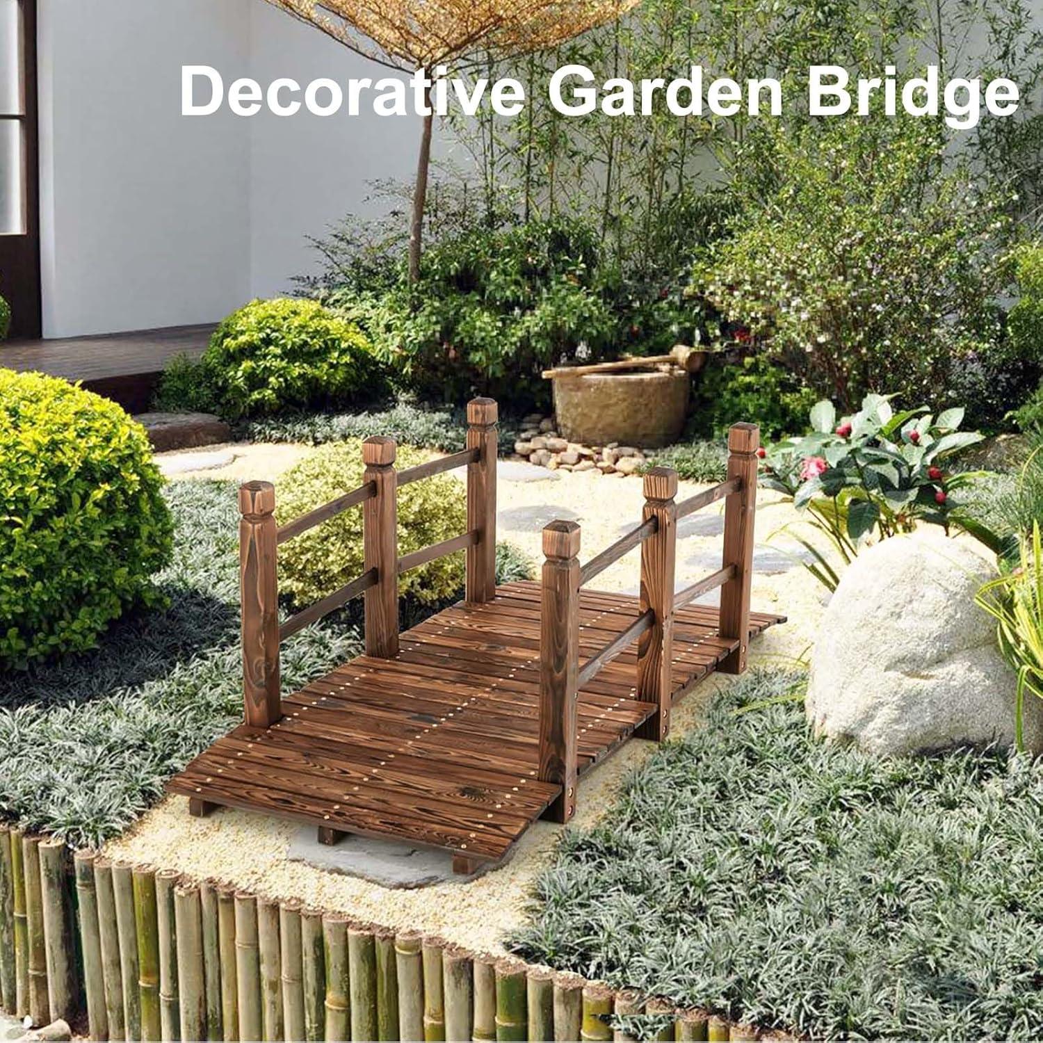 image:imageGiantex 5 ft Garden Bridge Stained Wood Arc Footbridge Walkway with Side Railings Decorative Wooden Bridge Landscaping for Backyard Farm Garden Creek Pond Decor Easy to Assemble Stained BrownStained Brown