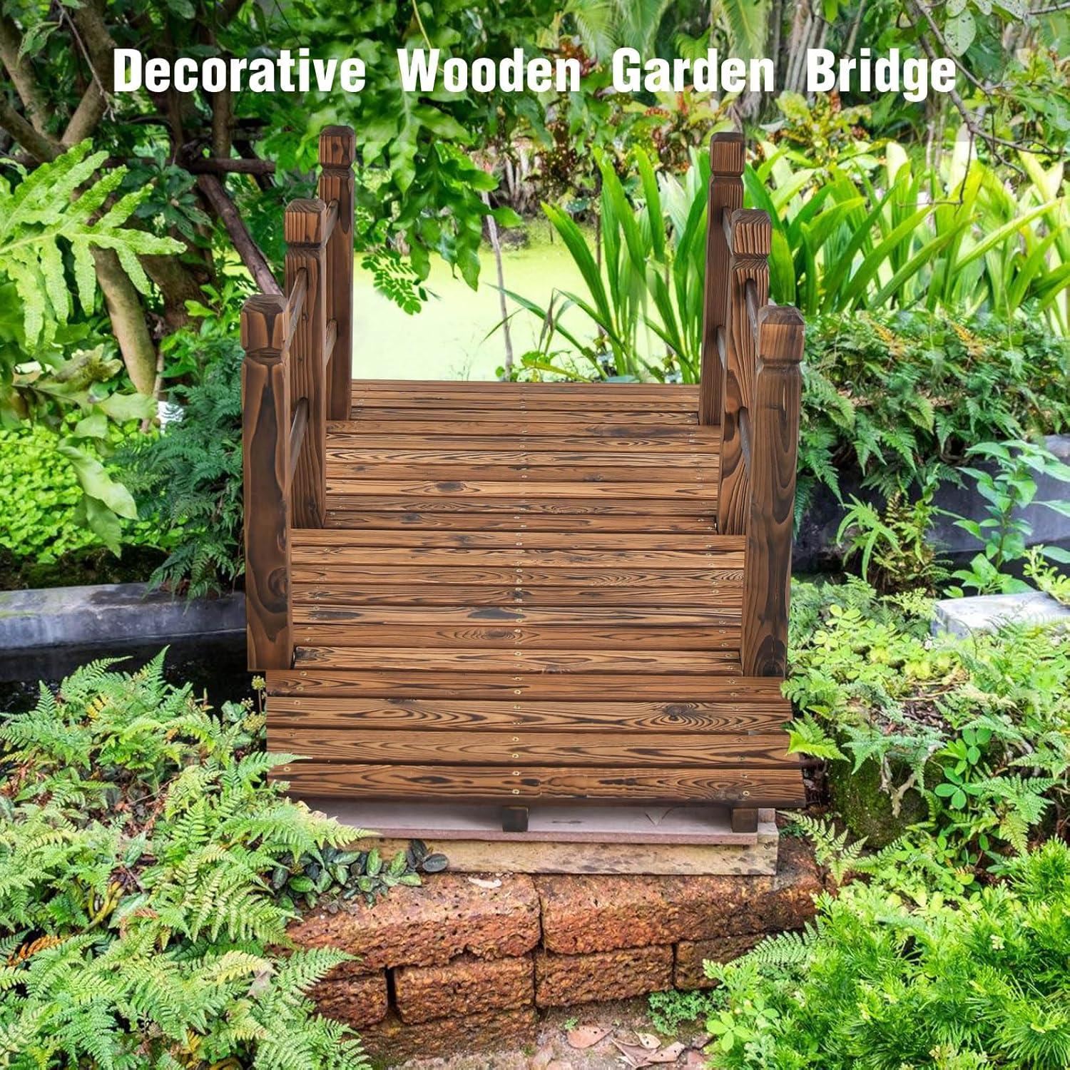 image:imageGiantex 5 ft Garden Bridge Stained Wood Arc Footbridge Walkway with Side Railings Decorative Wooden Bridge Landscaping for Backyard Farm Garden Creek Pond Decor Easy to Assemble Stained BrownStained Brown
