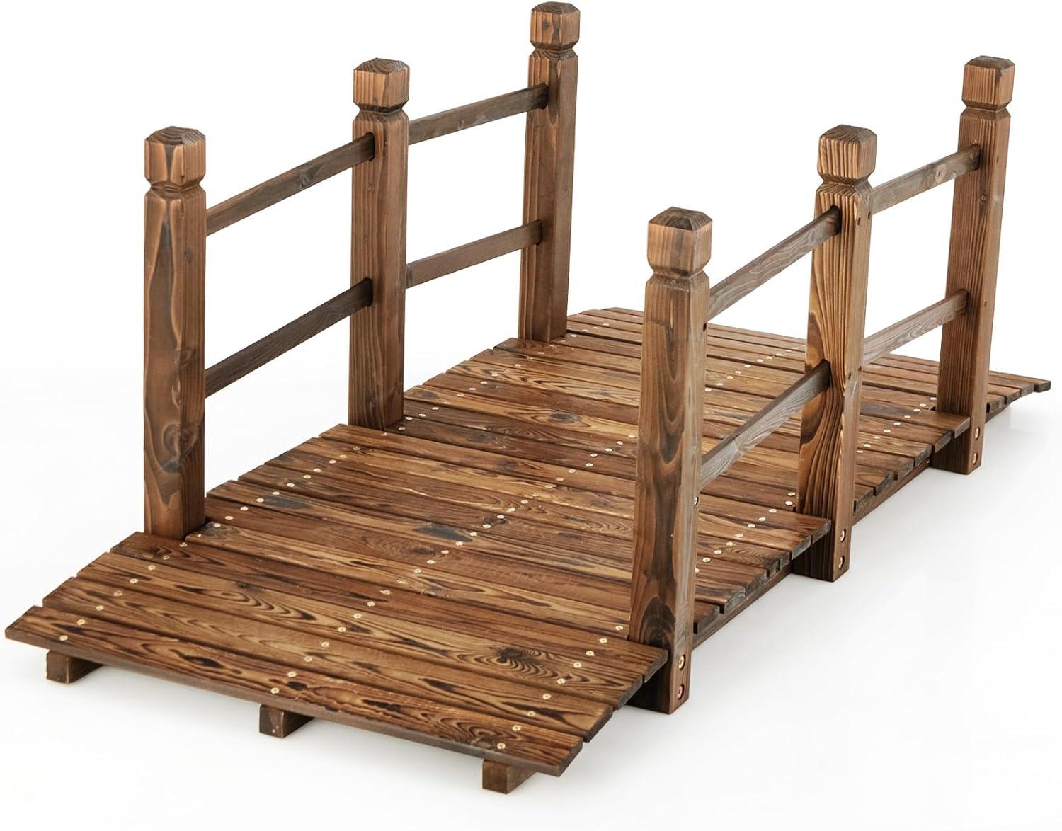 image:imageGiantex 5 ft Garden Bridge Stained Wood Arc Footbridge Walkway with Side Railings Decorative Wooden Bridge Landscaping for Backyard Farm Garden Creek Pond Decor Easy to Assemble Stained BrownStained Brown