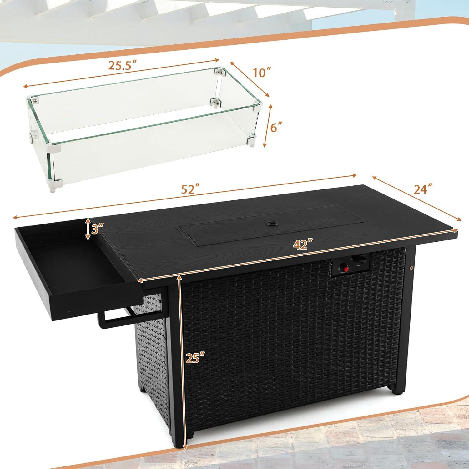 image:imageGiantex 52 Outdoor Propane Fire Pit 50000 BTU Wicker Patio Gas Fire Table wLid Waterproof Cover Tempered Glass Wind Guard amp Blue Fire Stone PE Rattan Firepit Table wStorage Shelf BrownBlack