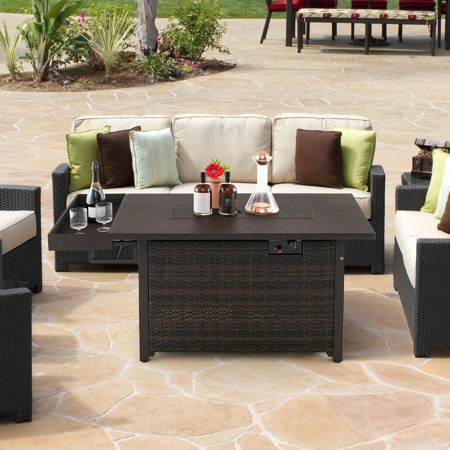 image:imageGiantex 52 Outdoor Propane Fire Pit 50000 BTU Wicker Patio Gas Fire Table wLid Waterproof Cover Tempered Glass Wind Guard amp Blue Fire Stone PE Rattan Firepit Table wStorage Shelf BrownBrown