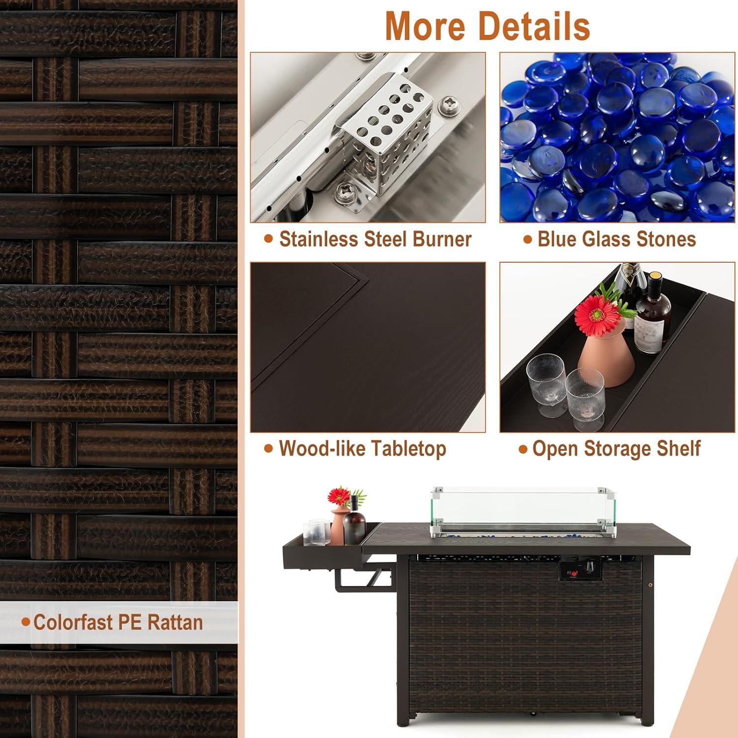 image:imageGiantex 52 Outdoor Propane Fire Pit 50000 BTU Wicker Patio Gas Fire Table wLid Waterproof Cover Tempered Glass Wind Guard amp Blue Fire Stone PE Rattan Firepit Table wStorage Shelf BrownBrown