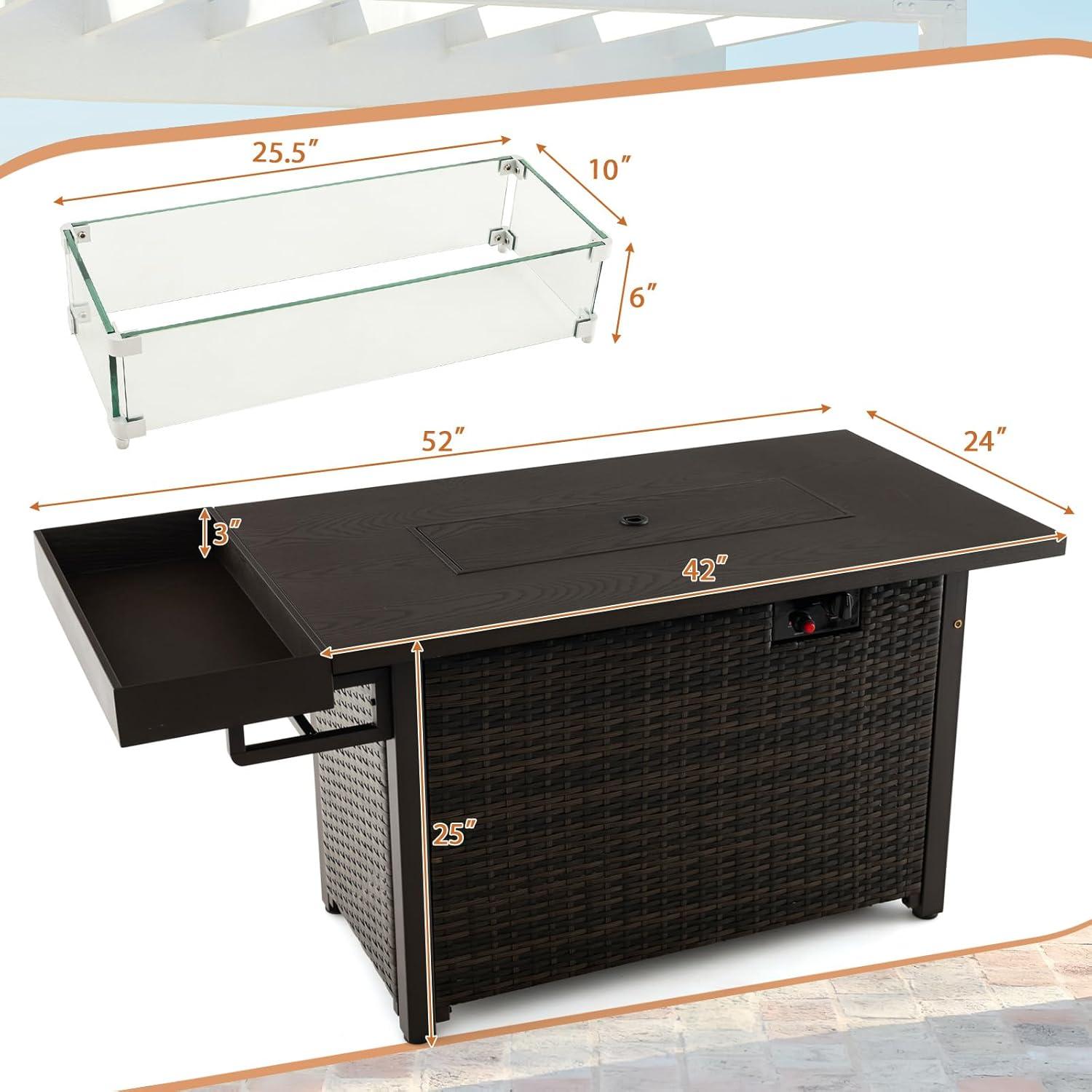 image:imageGiantex 52 Outdoor Propane Fire Pit 50000 BTU Wicker Patio Gas Fire Table wLid Waterproof Cover Tempered Glass Wind Guard amp Blue Fire Stone PE Rattan Firepit Table wStorage Shelf BrownBrown