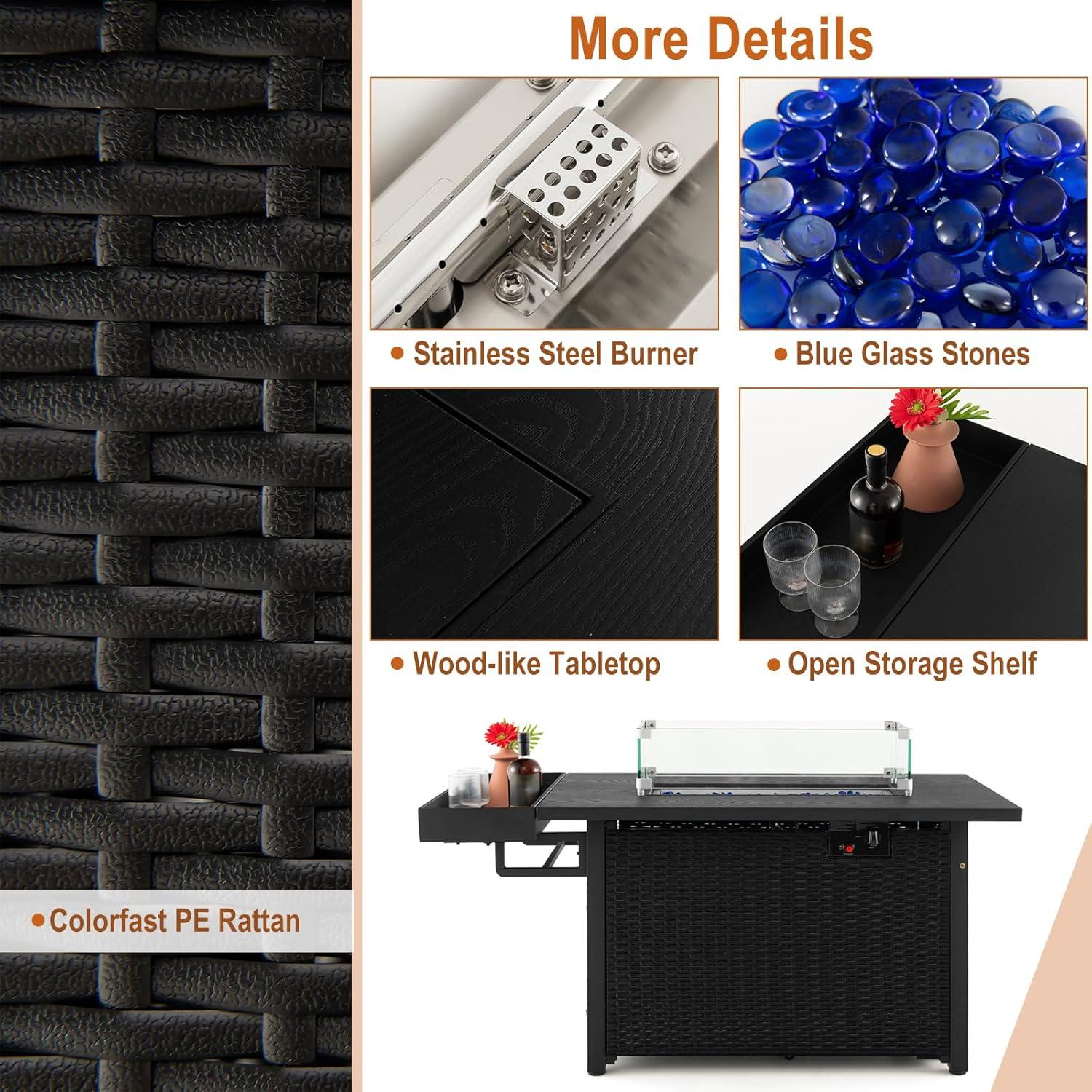 image:imageGiantex 52 Outdoor Propane Fire Pit 50000 BTU Wicker Patio Gas Fire Table wLid Waterproof Cover Tempered Glass Wind Guard amp Blue Fire Stone PE Rattan Firepit Table wStorage Shelf BrownBlack