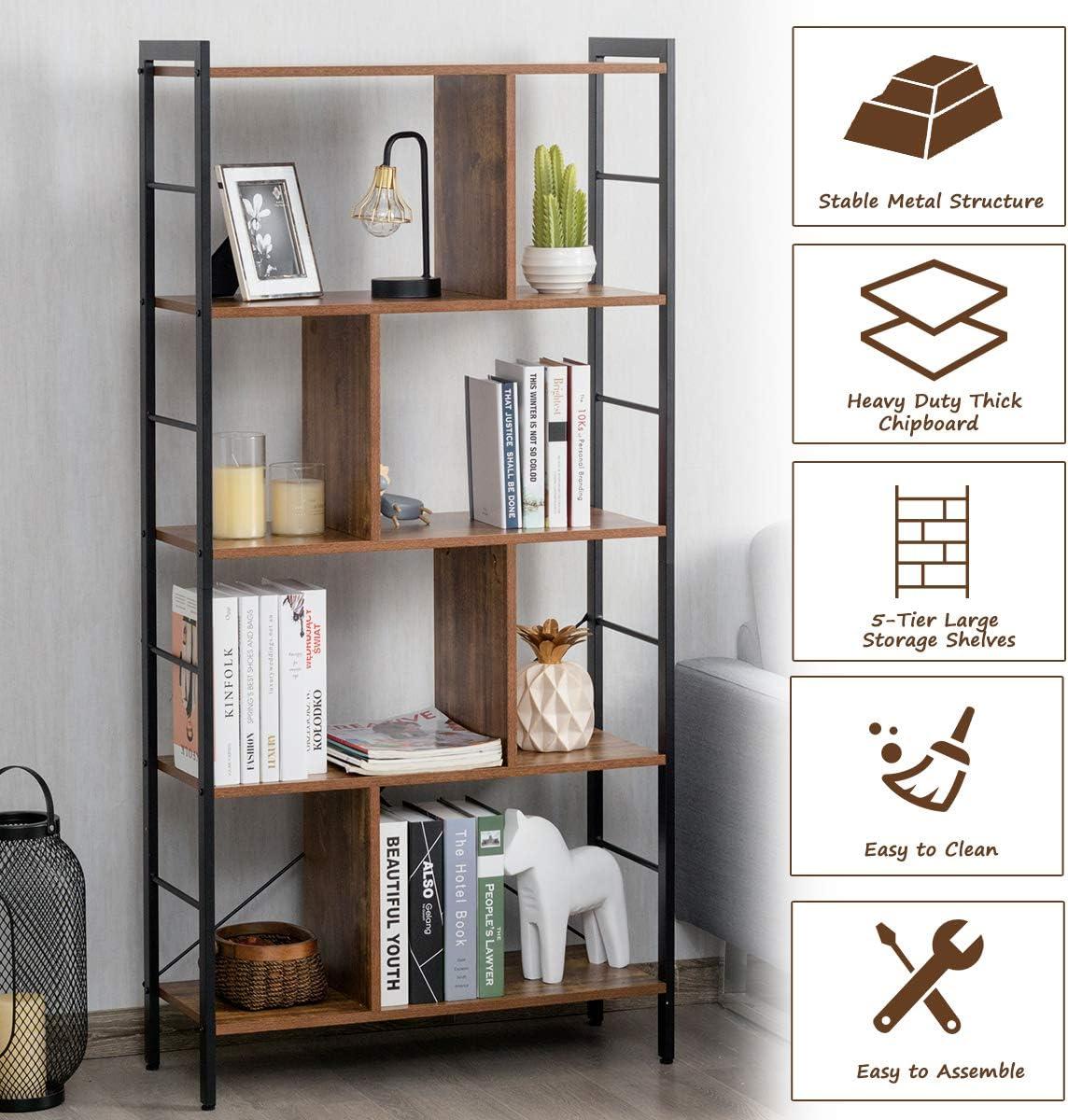 image:imageGiantex 5Tier Bookshelf Industrial Style Bookcase with Metal Frame Free Standing Storage Display Shelves Home Office Study Storage Rack Shelves with Dividers Wood Shelving Unit Rustic BrownRustic Brown