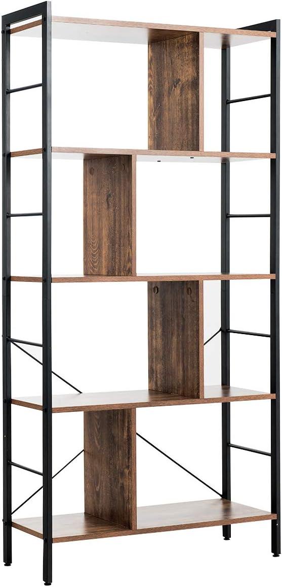 image:imageGiantex 5Tier Bookshelf Industrial Style Bookcase with Metal Frame Free Standing Storage Display Shelves Home Office Study Storage Rack Shelves with Dividers Wood Shelving Unit Rustic BrownRustic Brown