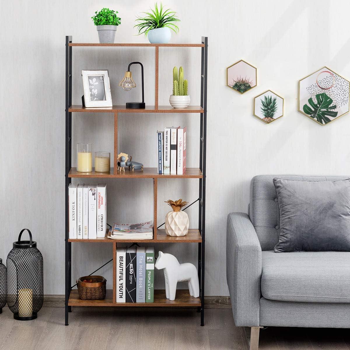 image:imageGiantex 5Tier Bookshelf Industrial Style Bookcase with Metal Frame Free Standing Storage Display Shelves Home Office Study Storage Rack Shelves with Dividers Wood Shelving Unit Rustic BrownRustic Brown