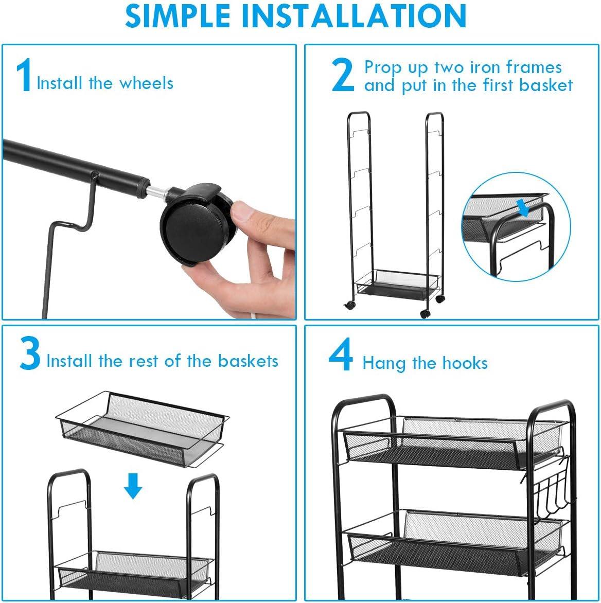 image:imageGiantex 5Tier Storage Cart Rolling Trolley Organizer Utility Cart with Lockable Wheels 5 Hooks Mesh Shelves for Home Kitchen Bathroom Office and Bedroom BlackBlack