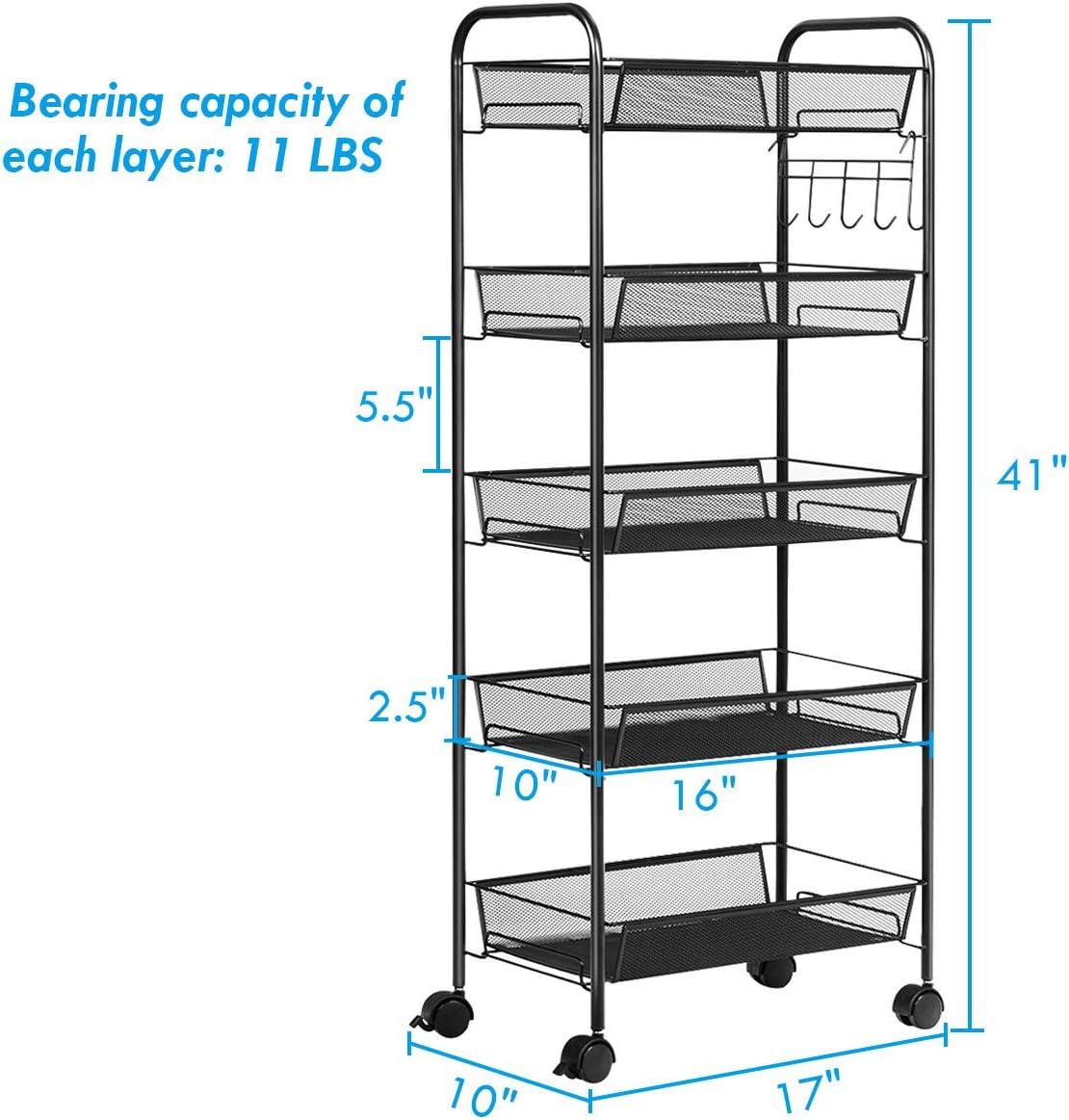 image:imageGiantex 5Tier Storage Cart Rolling Trolley Organizer Utility Cart with Lockable Wheels 5 Hooks Mesh Shelves for Home Kitchen Bathroom Office and Bedroom BlackBlack