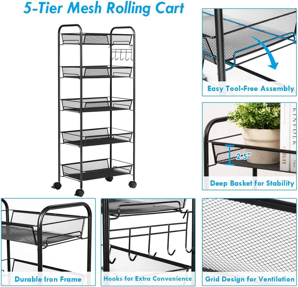 image:imageGiantex 5Tier Storage Cart Rolling Trolley Organizer Utility Cart with Lockable Wheels 5 Hooks Mesh Shelves for Home Kitchen Bathroom Office and Bedroom BlackBlack