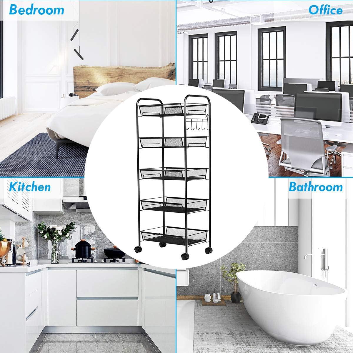 image:imageGiantex 5Tier Storage Cart Rolling Trolley Organizer Utility Cart with Lockable Wheels 5 Hooks Mesh Shelves for Home Kitchen Bathroom Office and Bedroom BlackBlack