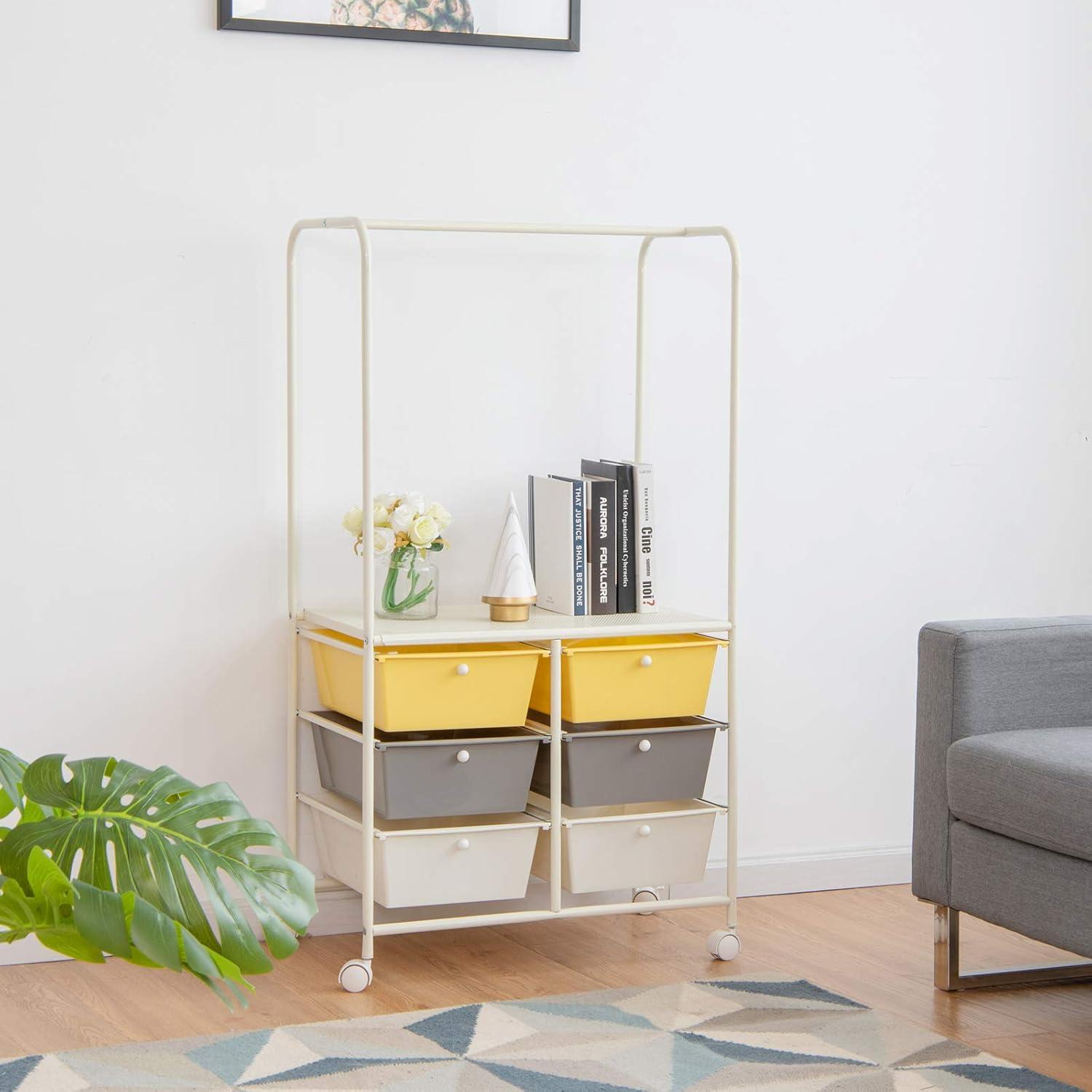 image:imageGiantex 6 Drawer Storage Cart Office School Organizer Cart Rolling Drawer Cart for Tools Scrapbook Paper or Bathroom Storage Shelf Beige Yellow amp Black