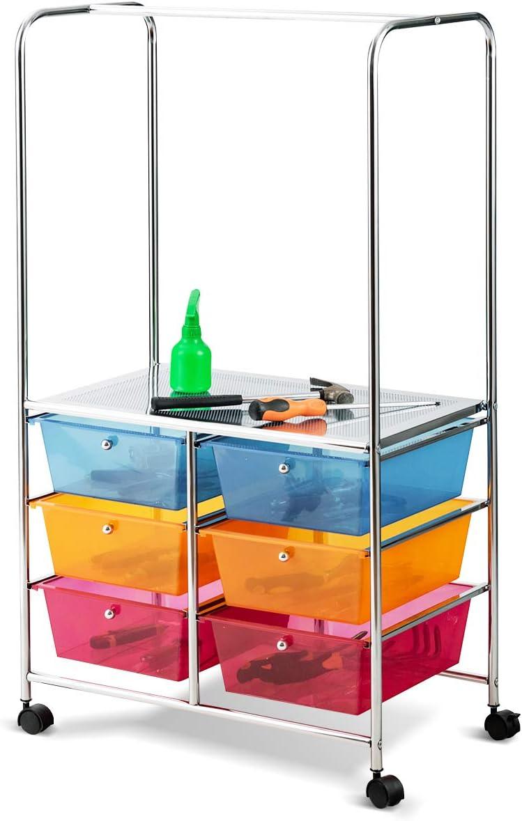 image:imageGiantex 6 Drawer Storage Cart Office School Organizer Cart Rolling Drawer Cart for Tools Scrapbook Paper or Bathroom Storage Shelf BlueOrange amp Red