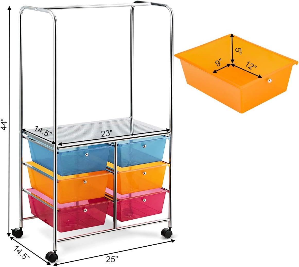 image:imageGiantex 6 Drawer Storage Cart Office School Organizer Cart Rolling Drawer Cart for Tools Scrapbook Paper or Bathroom Storage Shelf BlueOrange amp Red