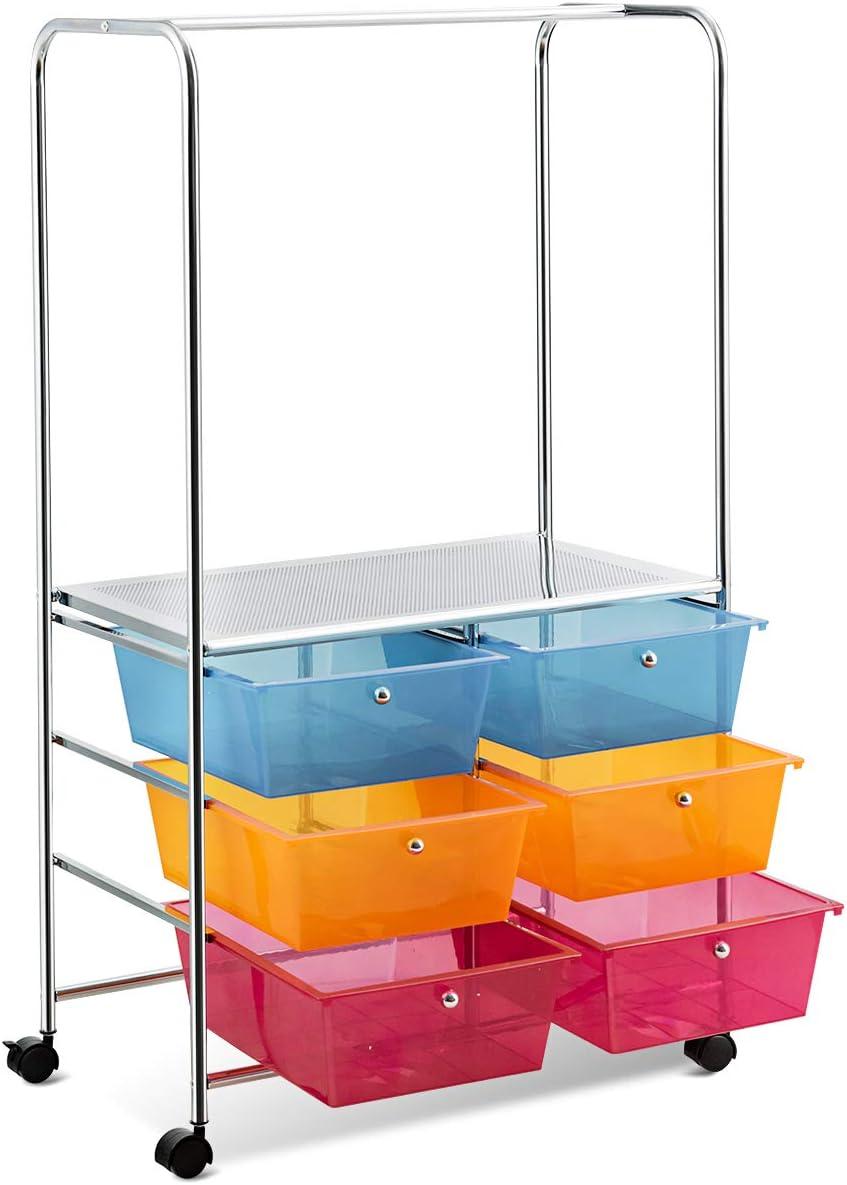 image:imageGiantex 6 Drawer Storage Cart Office School Organizer Cart Rolling Drawer Cart for Tools Scrapbook Paper or Bathroom Storage Shelf BlueOrange amp Red