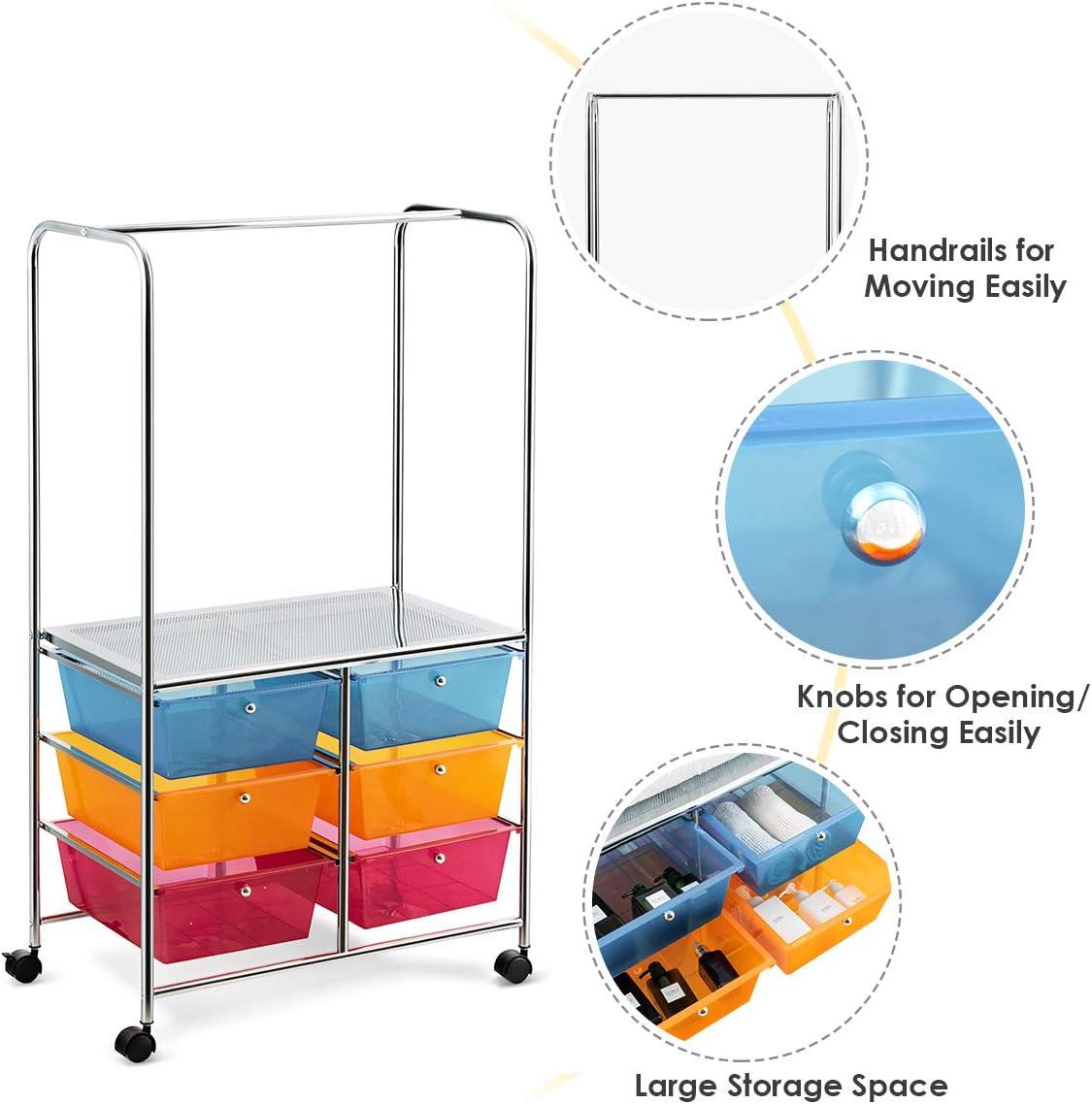 image:imageGiantex 6 Drawer Storage Cart Office School Organizer Cart Rolling Drawer Cart for Tools Scrapbook Paper or Bathroom Storage Shelf BlueOrange amp Red
