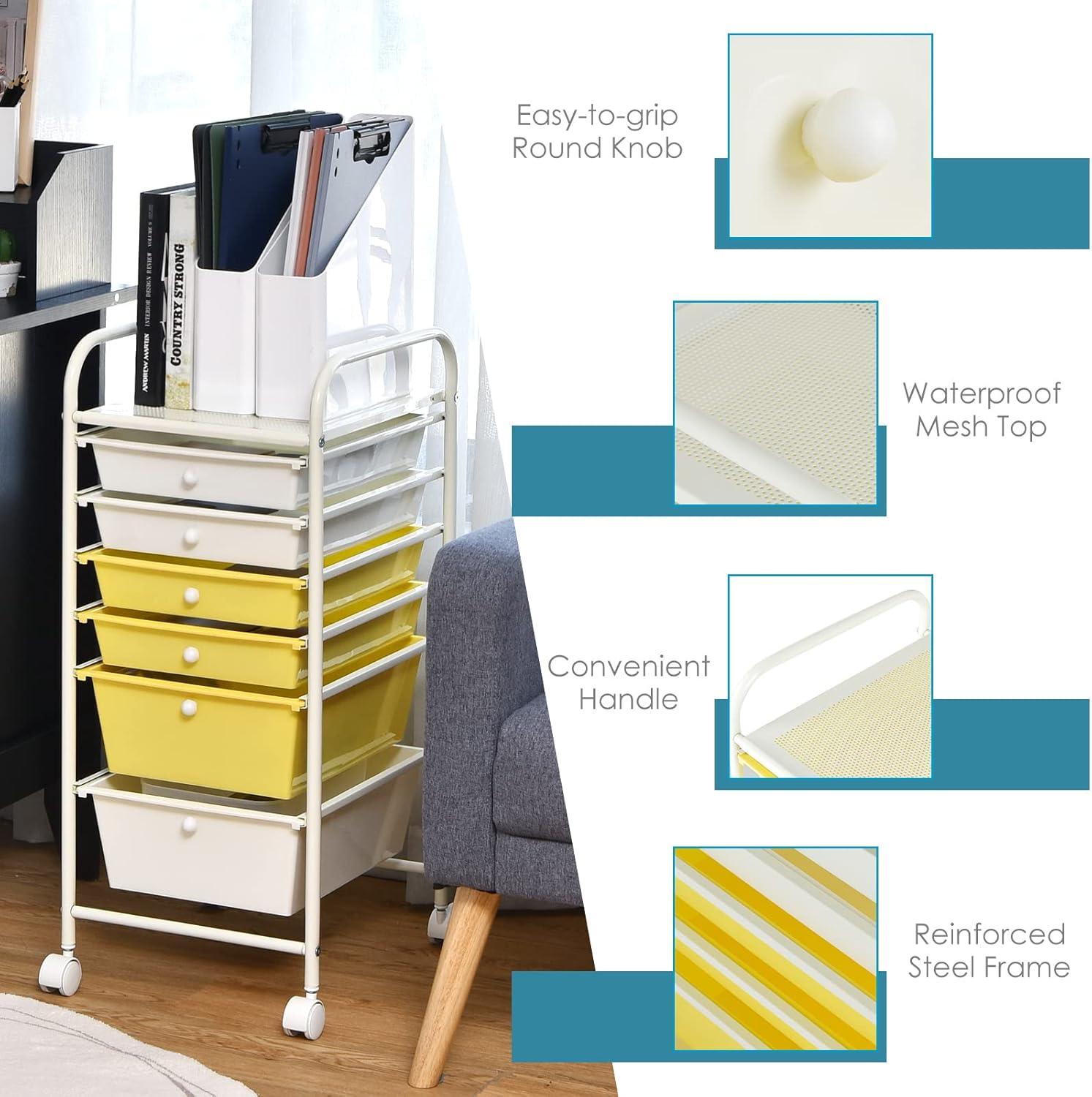 image:imageGiantex 6 Storage Drawer Cart Rolling Organizer Cart for Tools Scrapbook Paper Home Office School Multipurpose Mobile Utility Cart Beige amp YellowBeigeYellow