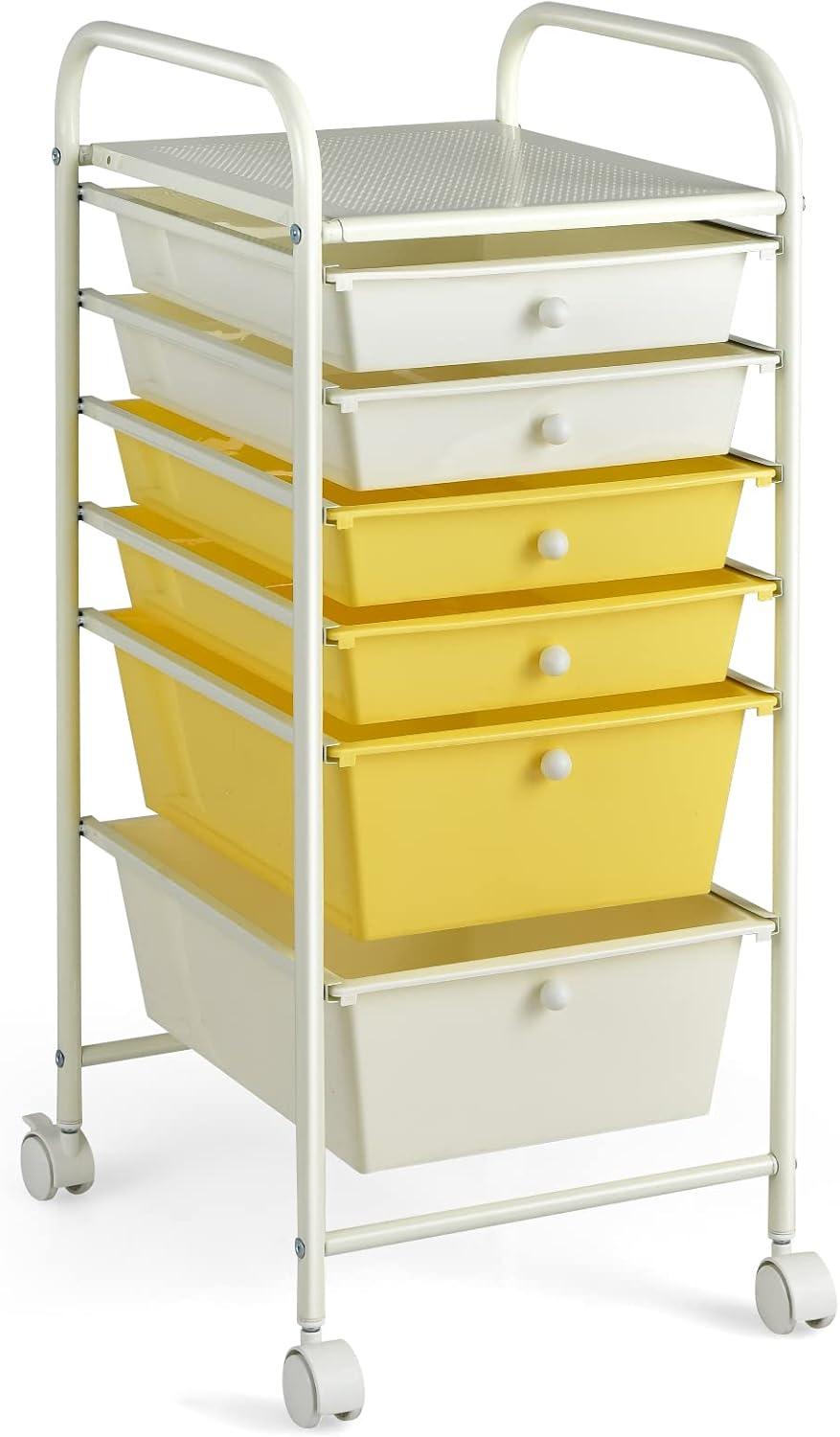 image:imageGiantex 6 Storage Drawer Cart Rolling Organizer Cart for Tools Scrapbook Paper Home Office School Multipurpose Mobile Utility Cart Beige amp YellowBeigeYellow